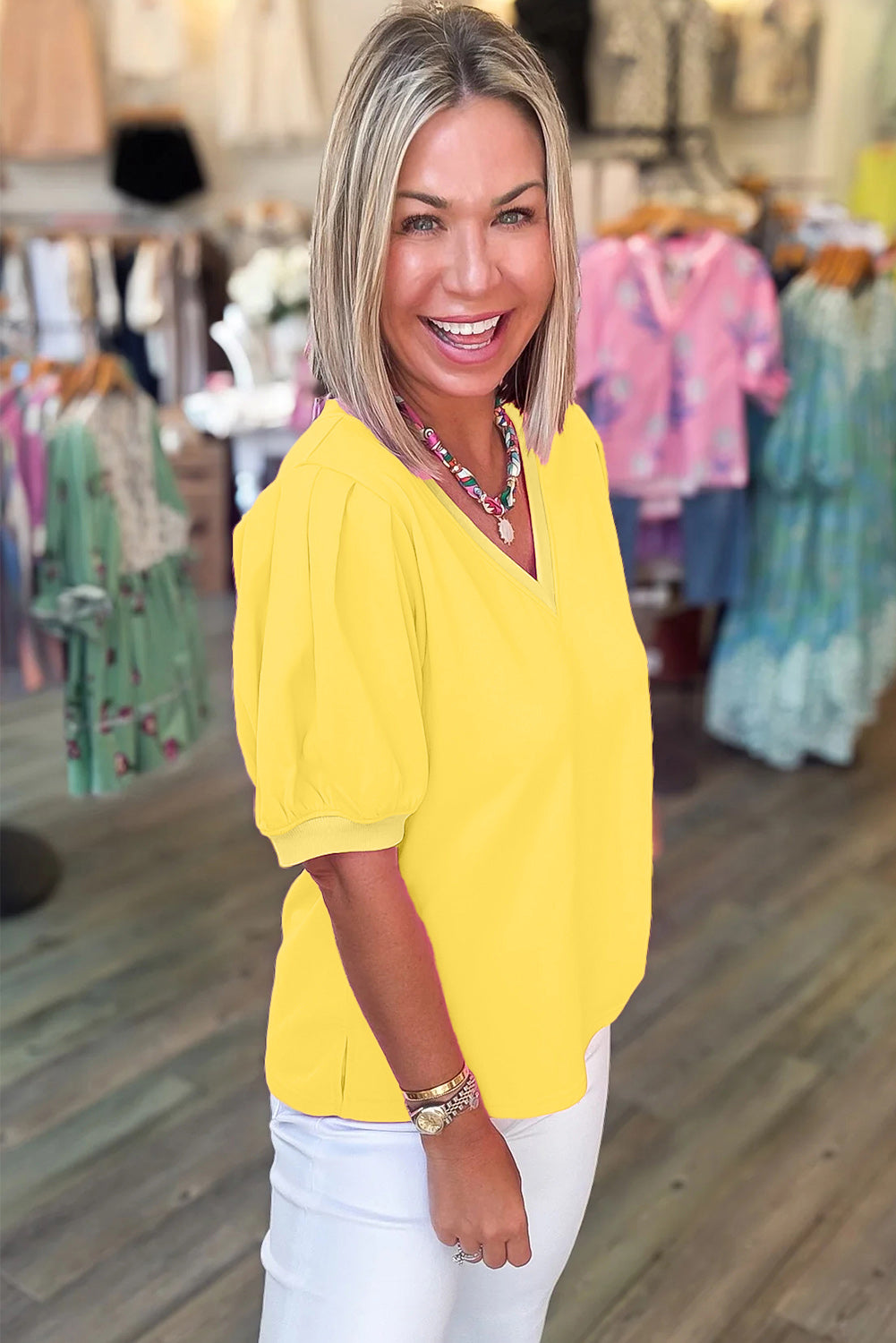 Solid Color Puff Sleeve Blouse