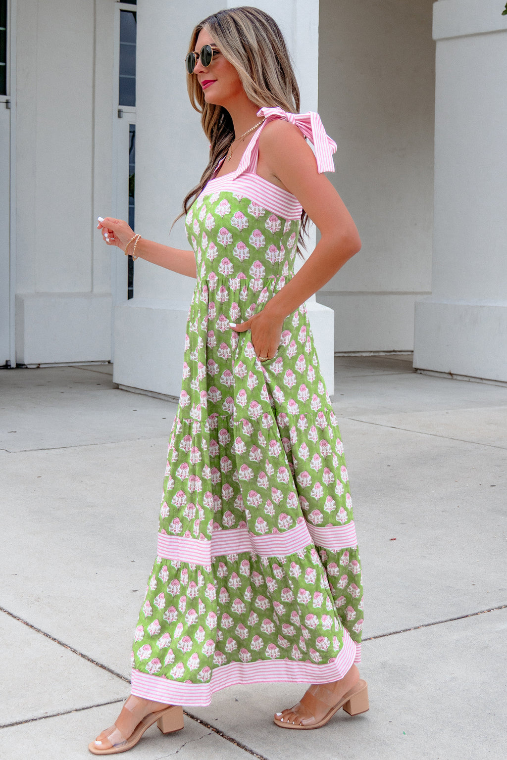 Green Floral Print Knot Straps Maxi Dress
