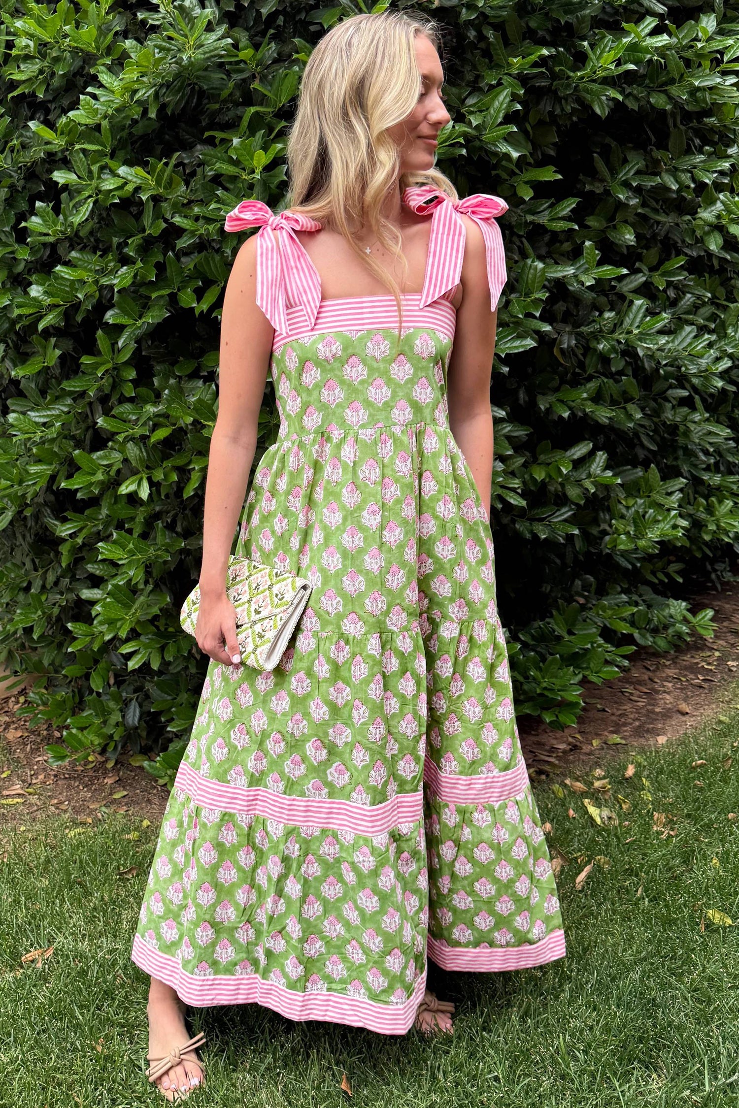 Green Floral Print Knot Straps Maxi Dress