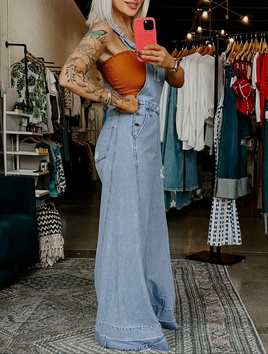 Retro Distressed Denim Overalls