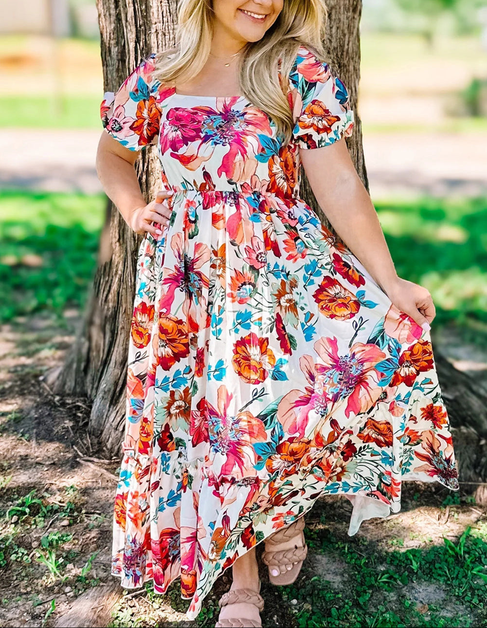 Floral Grace Square Neck Dress
