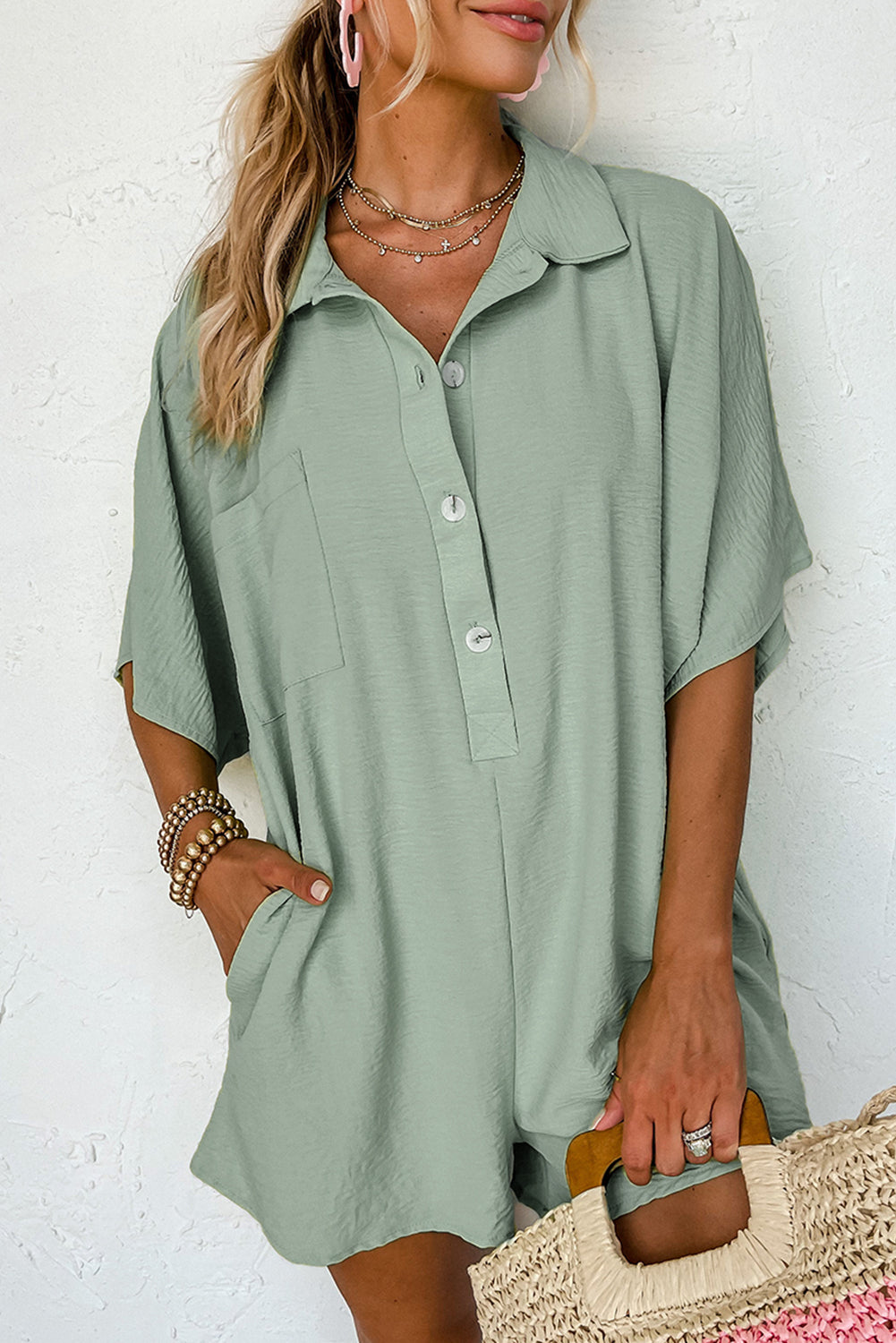 Bright Half Button Collared Loose Romper