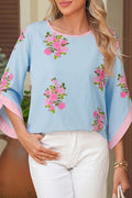 Sky Blue Floral 3/4 Sleeve Blouse