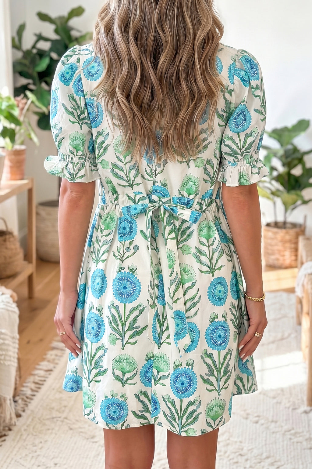 Sky Blue Floral Short Sleeve Dress