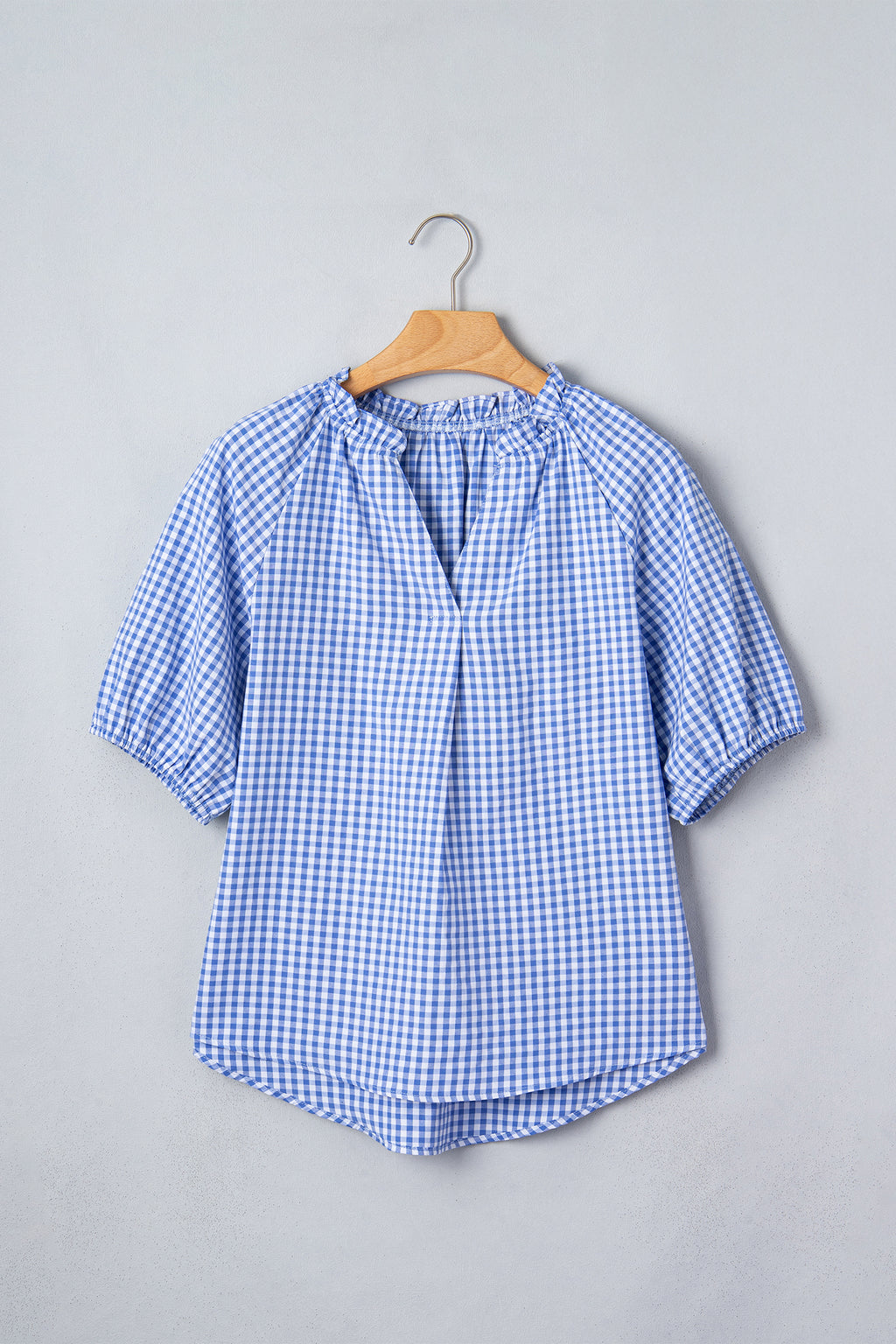 Sky Blue Summer Plaid Puff Sleeve Blouse
