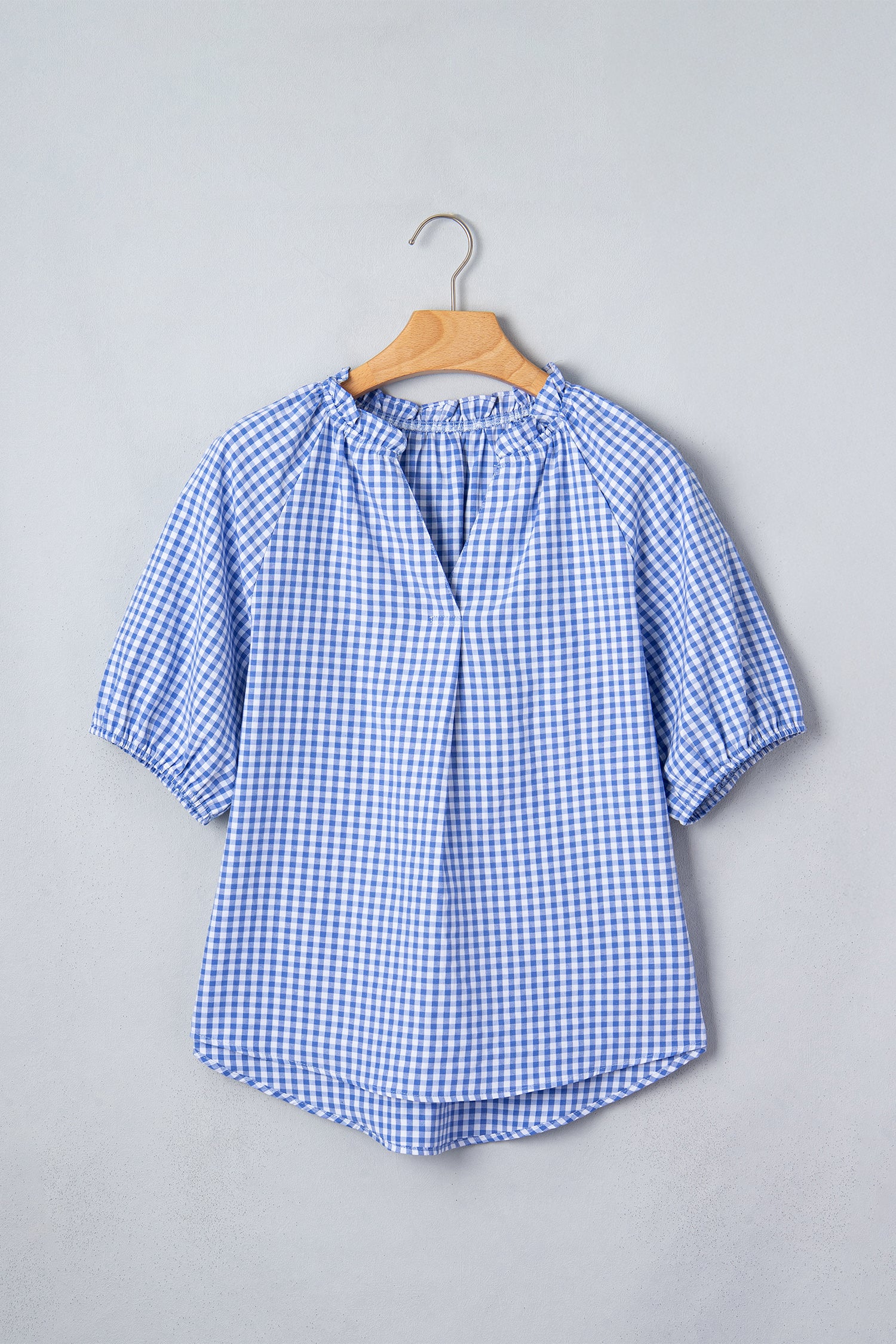 Sky Blue Summer Plaid Puff Sleeve Blouse
