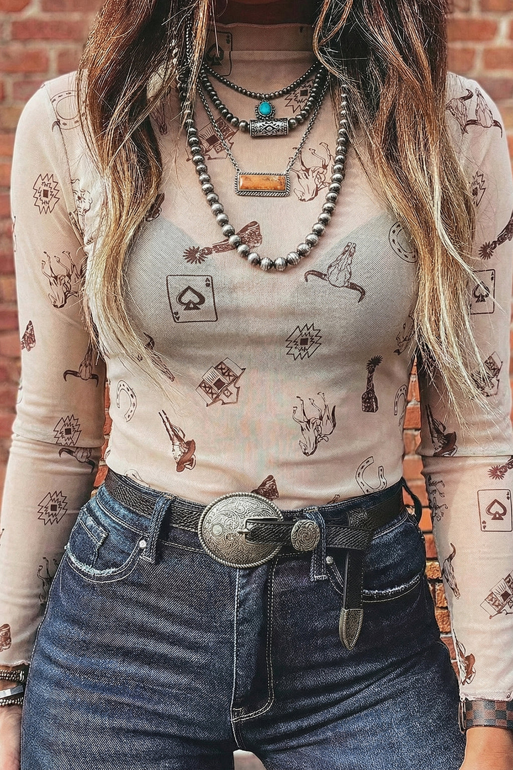 Oatmeal Western Mesh Mock Neck Top