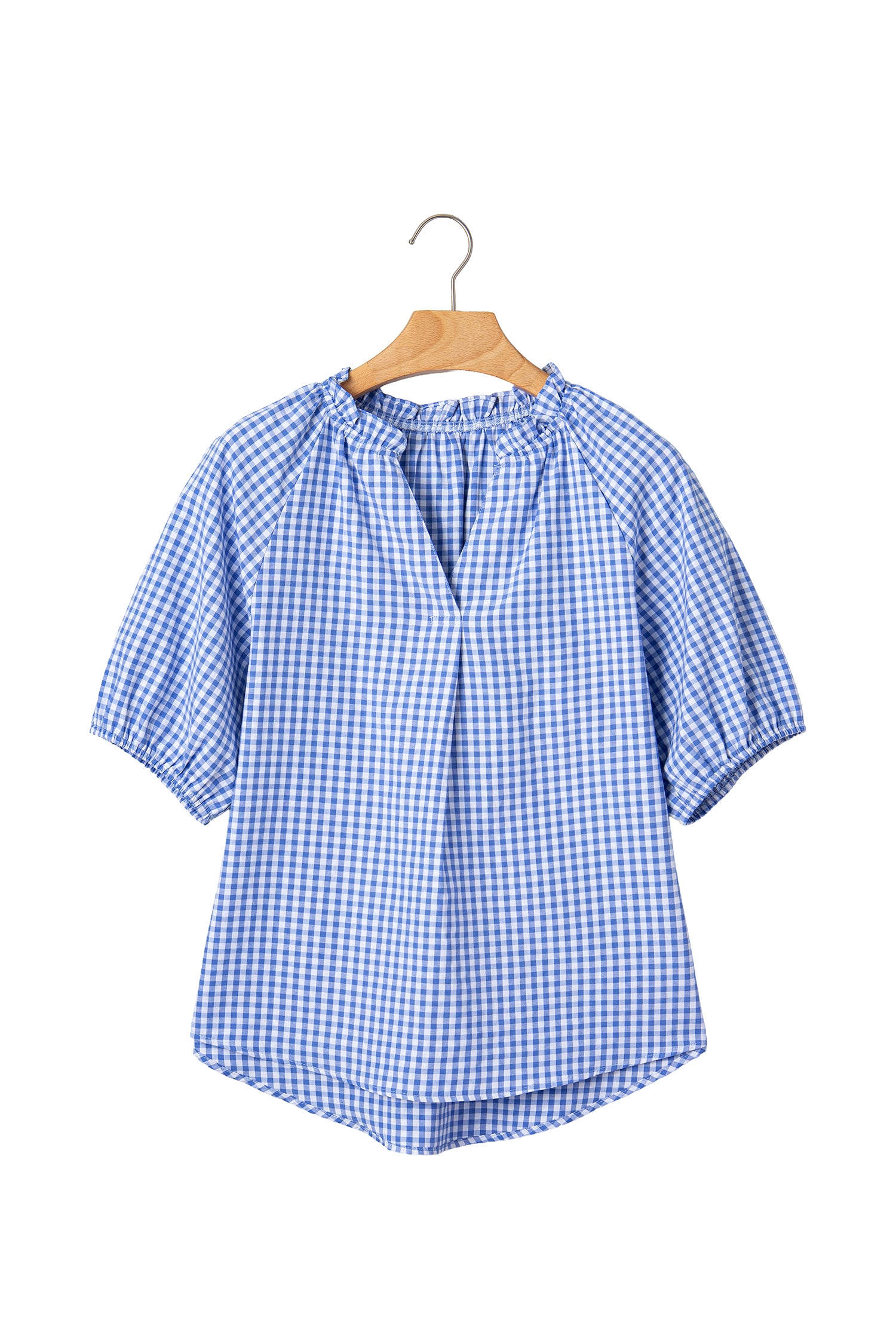 Sky Blue Summer Plaid Puff Sleeve Blouse