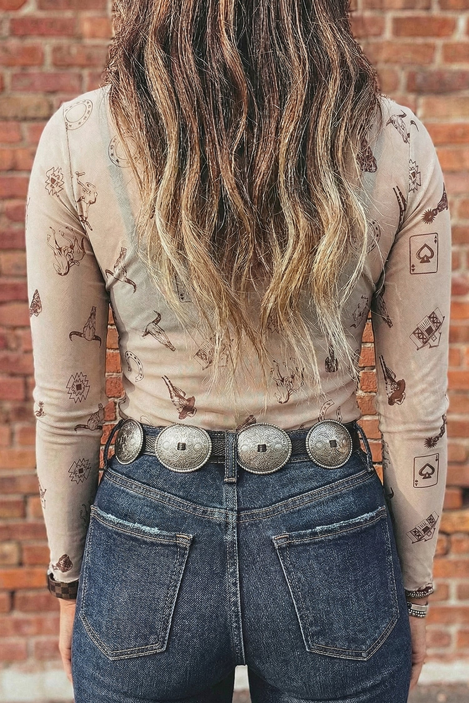 Oatmeal Western Mesh Mock Neck Top