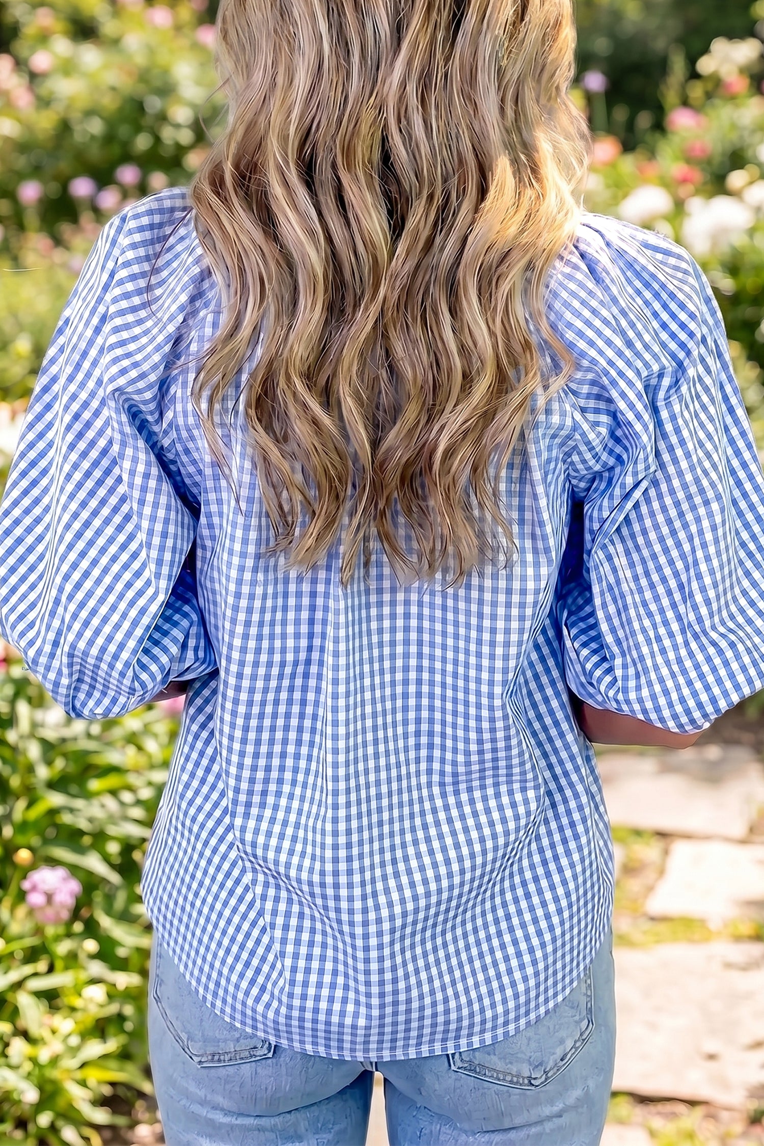 Sky Blue Summer Plaid Puff Sleeve Blouse