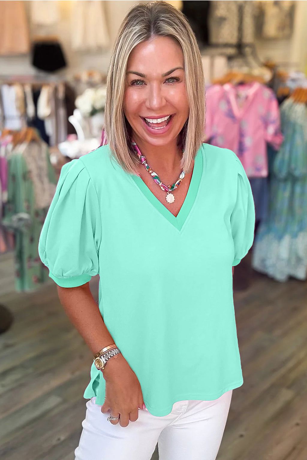 Solid Color Puff Sleeve Blouse