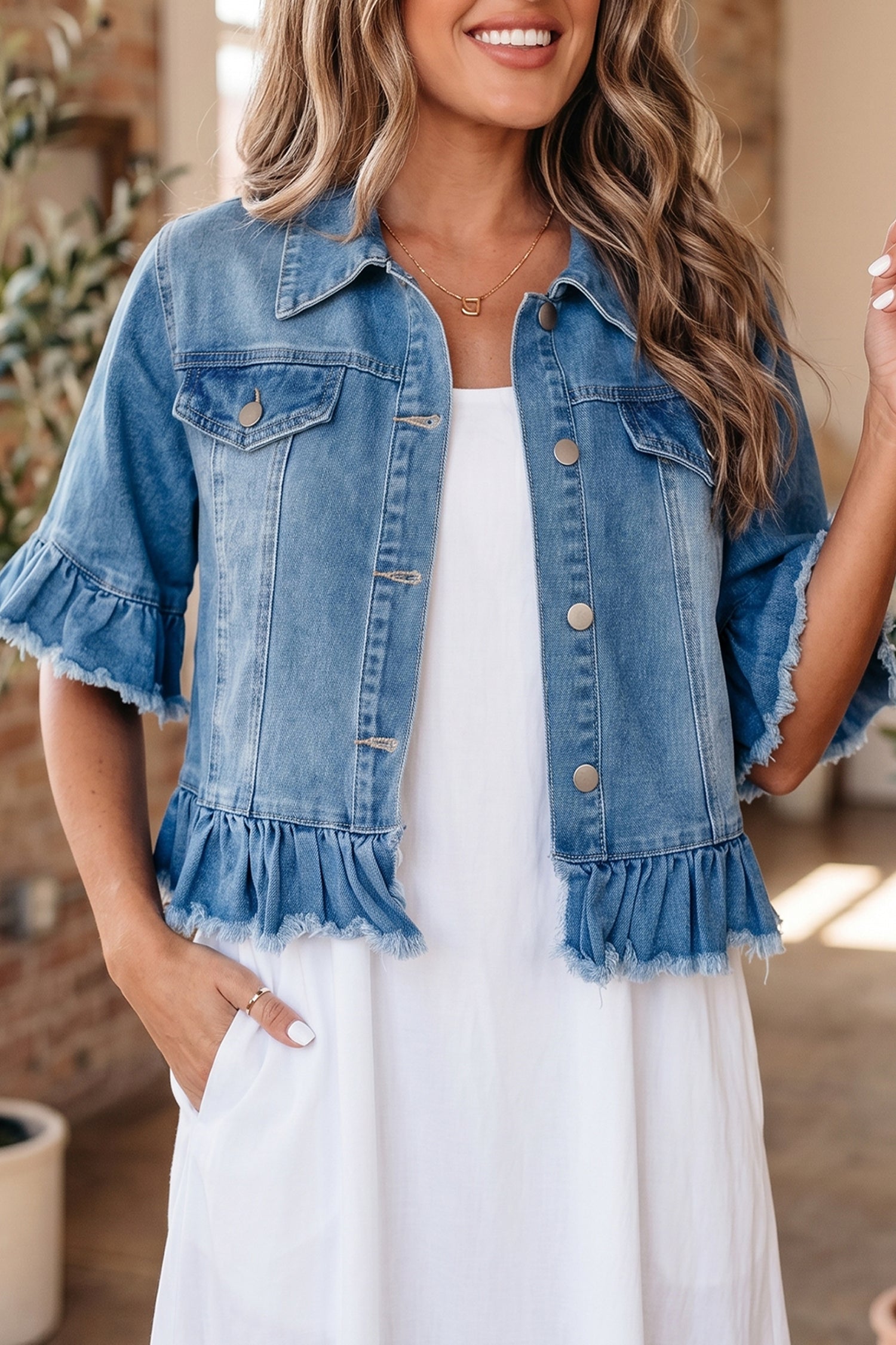 Ruffle Sleeve Denim Jacket