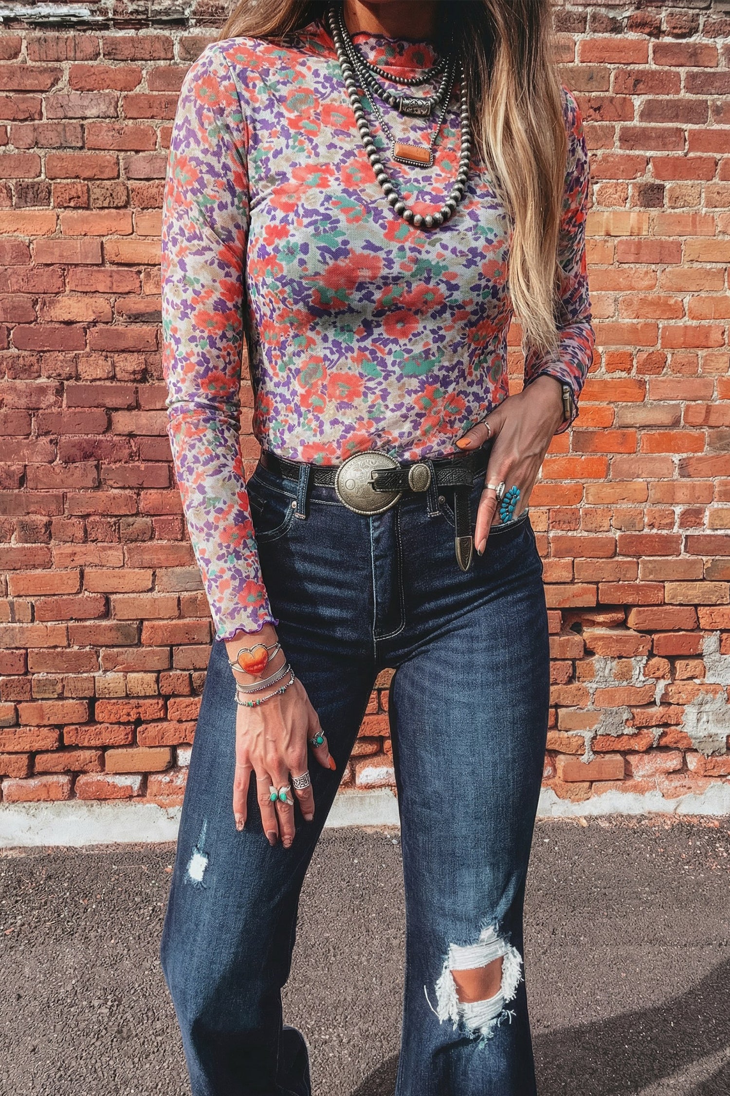 Oatmeal Western Mesh Mock Neck Top