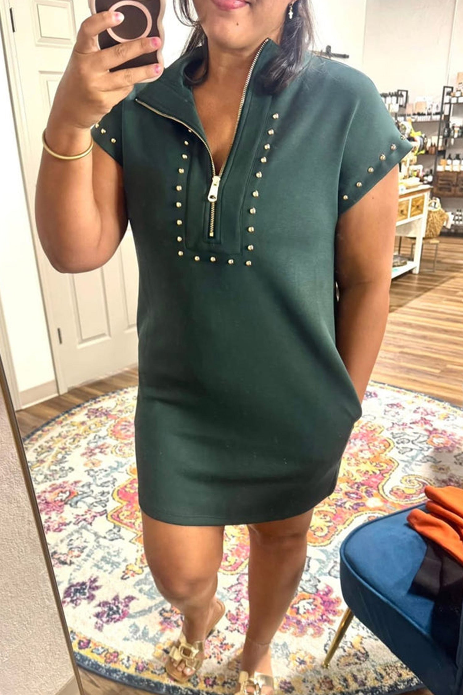Studded Half-Zip Pocketed Dress
