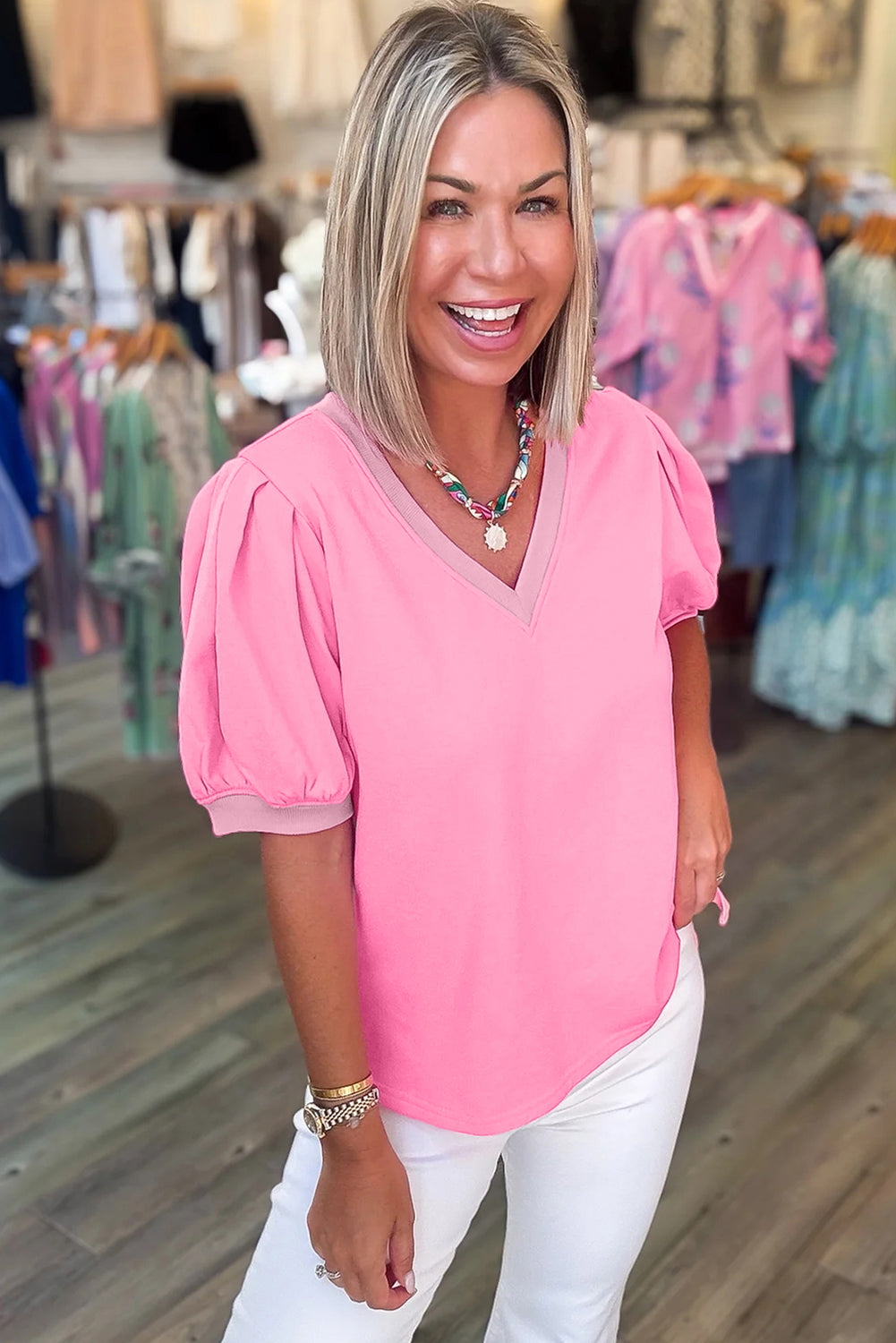 Solid Color Puff Sleeve Blouse