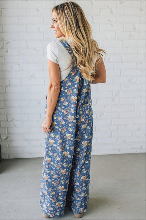 Blue Vintage Rose Pleated Denim Overalls