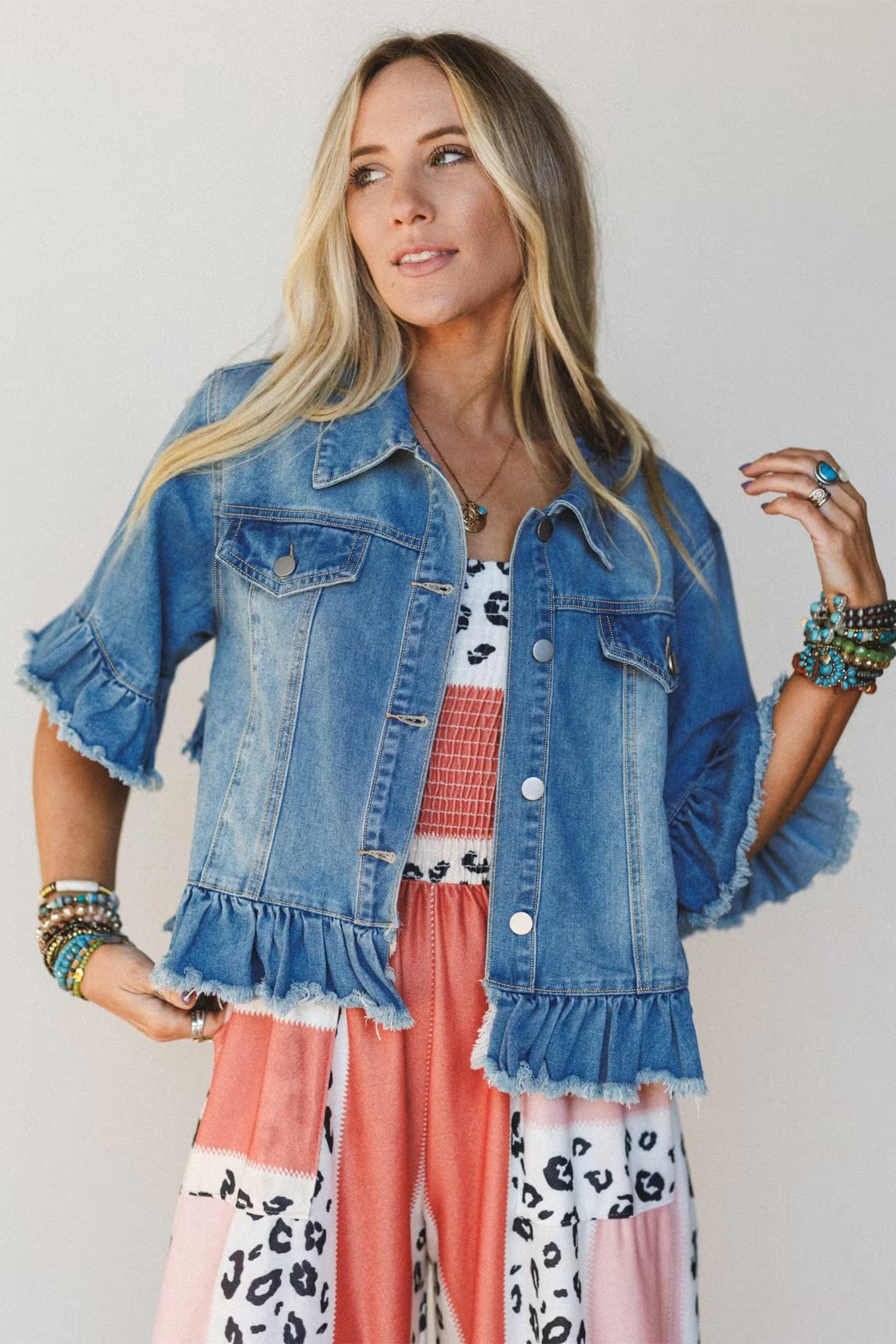 Ruffle Sleeve Denim Jacket