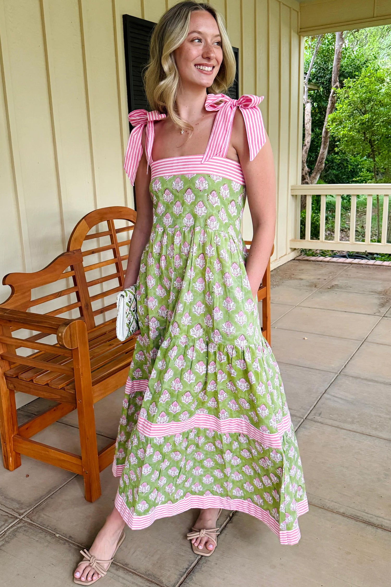 Green Floral Print Knot Straps Maxi Dress