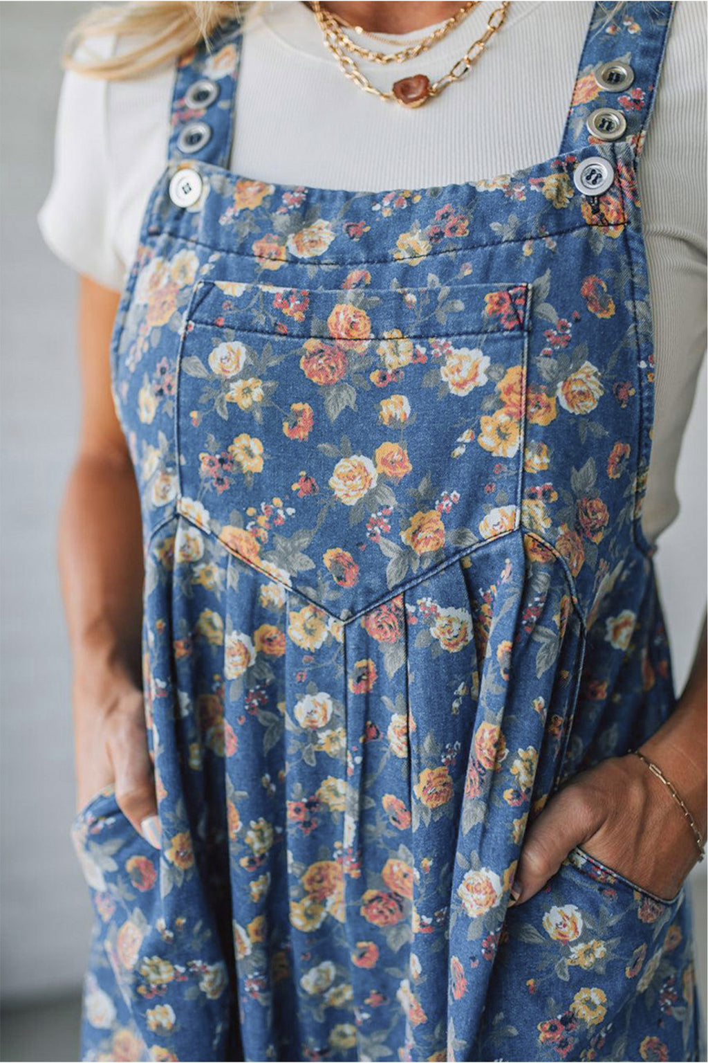 Blue Vintage Rose Pleated Denim Overalls