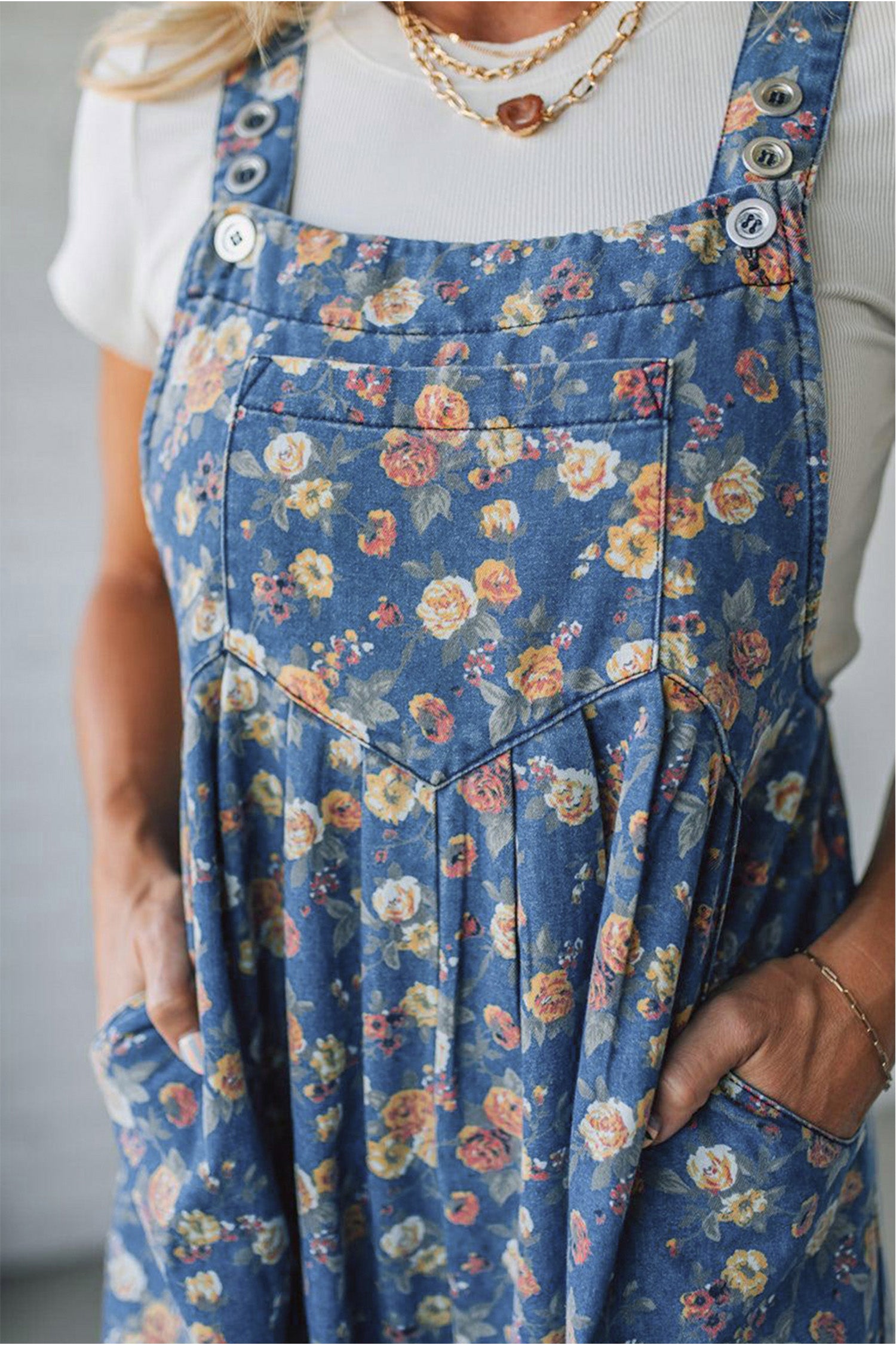 Blue Vintage Rose Pleated Denim Overalls