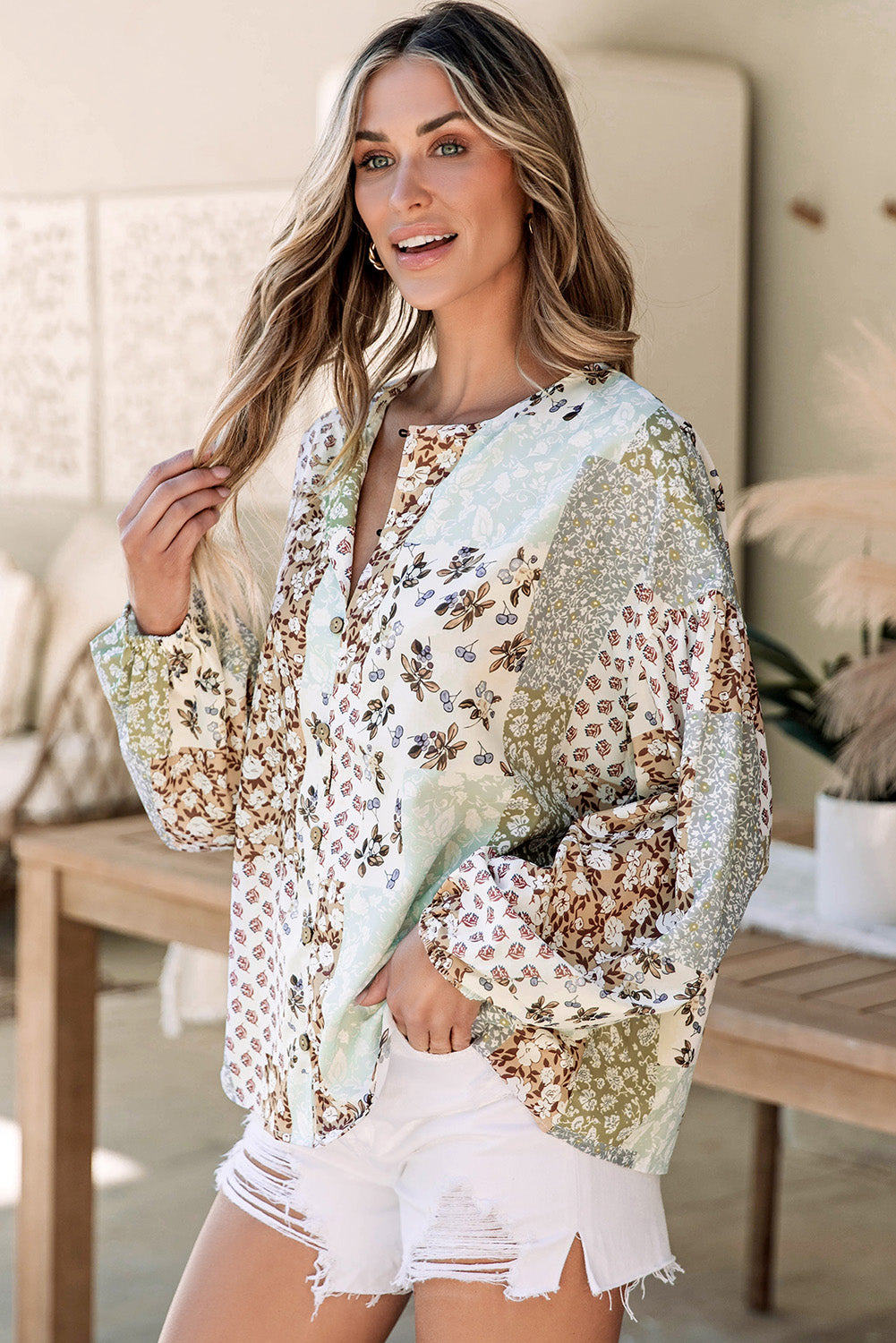 Patchwork Bloom Button-Up Shirt