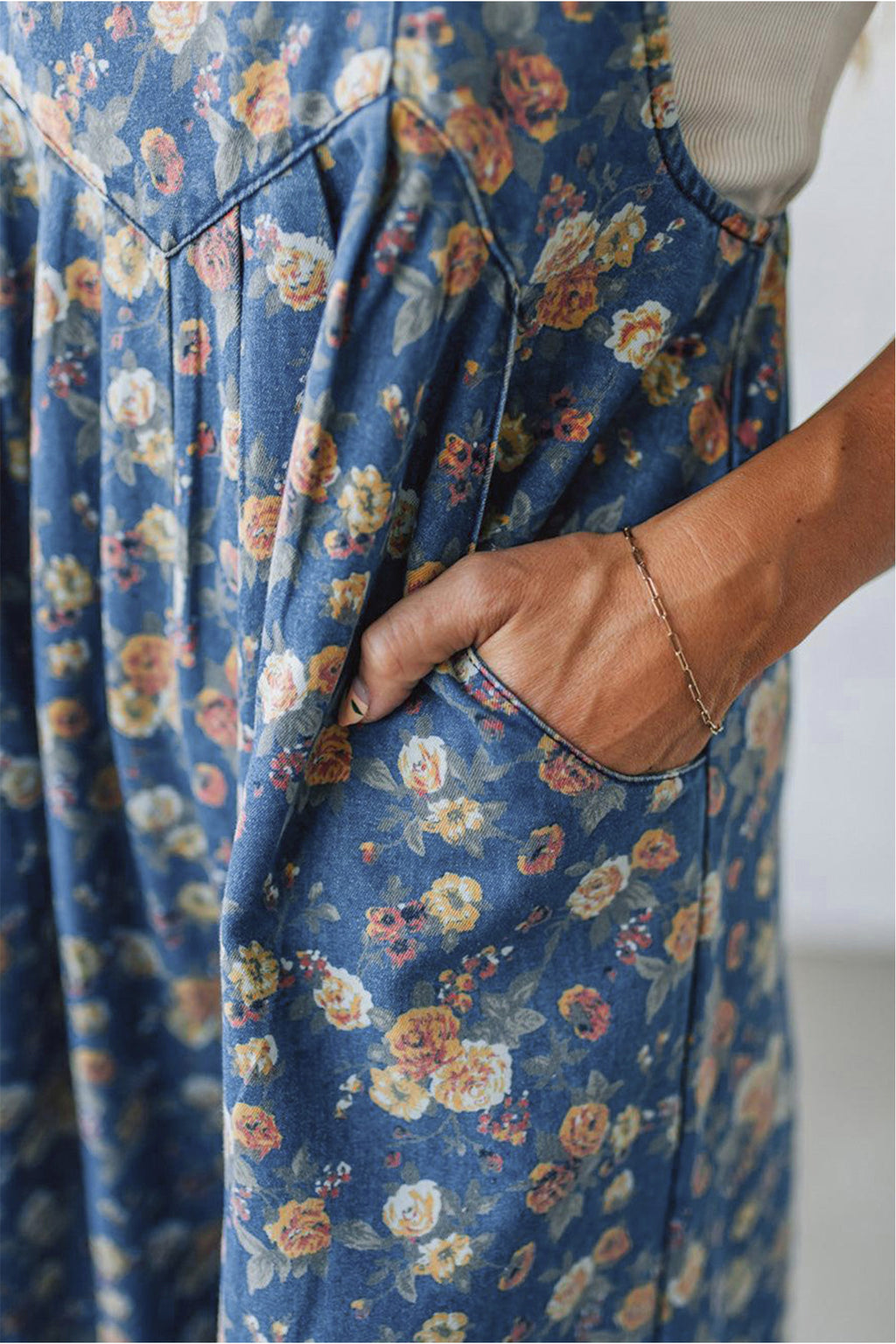 Blue Vintage Rose Pleated Denim Overalls