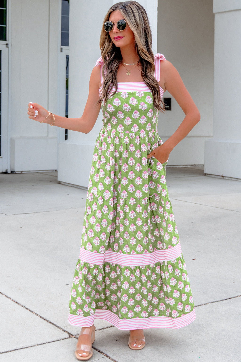 Green Floral Print Knot Straps Maxi Dress