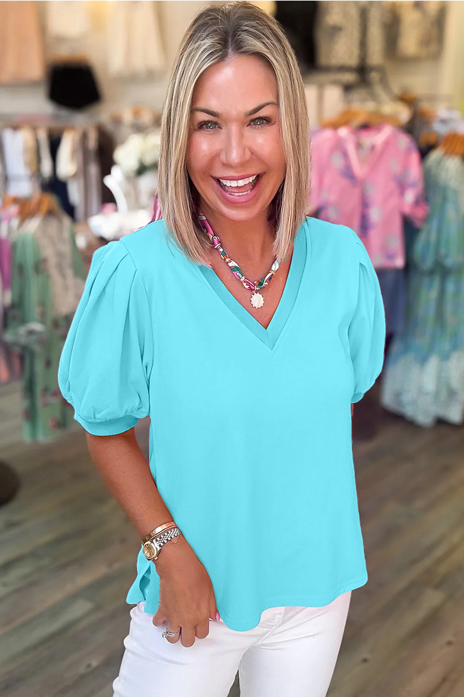 Solid Color Puff Sleeve Blouse