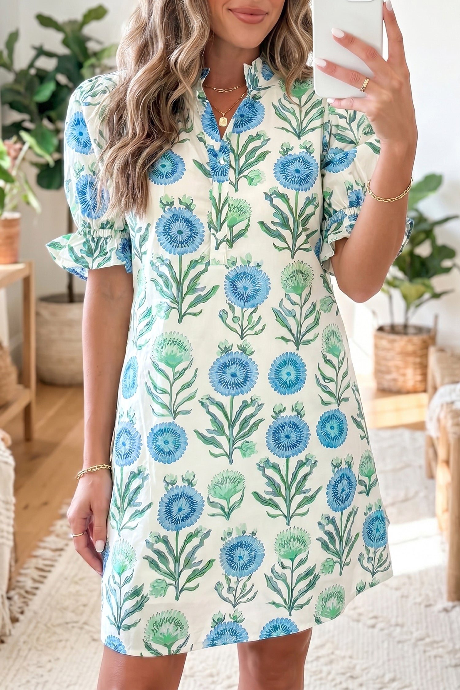 Sky Blue Floral Short Sleeve Dress