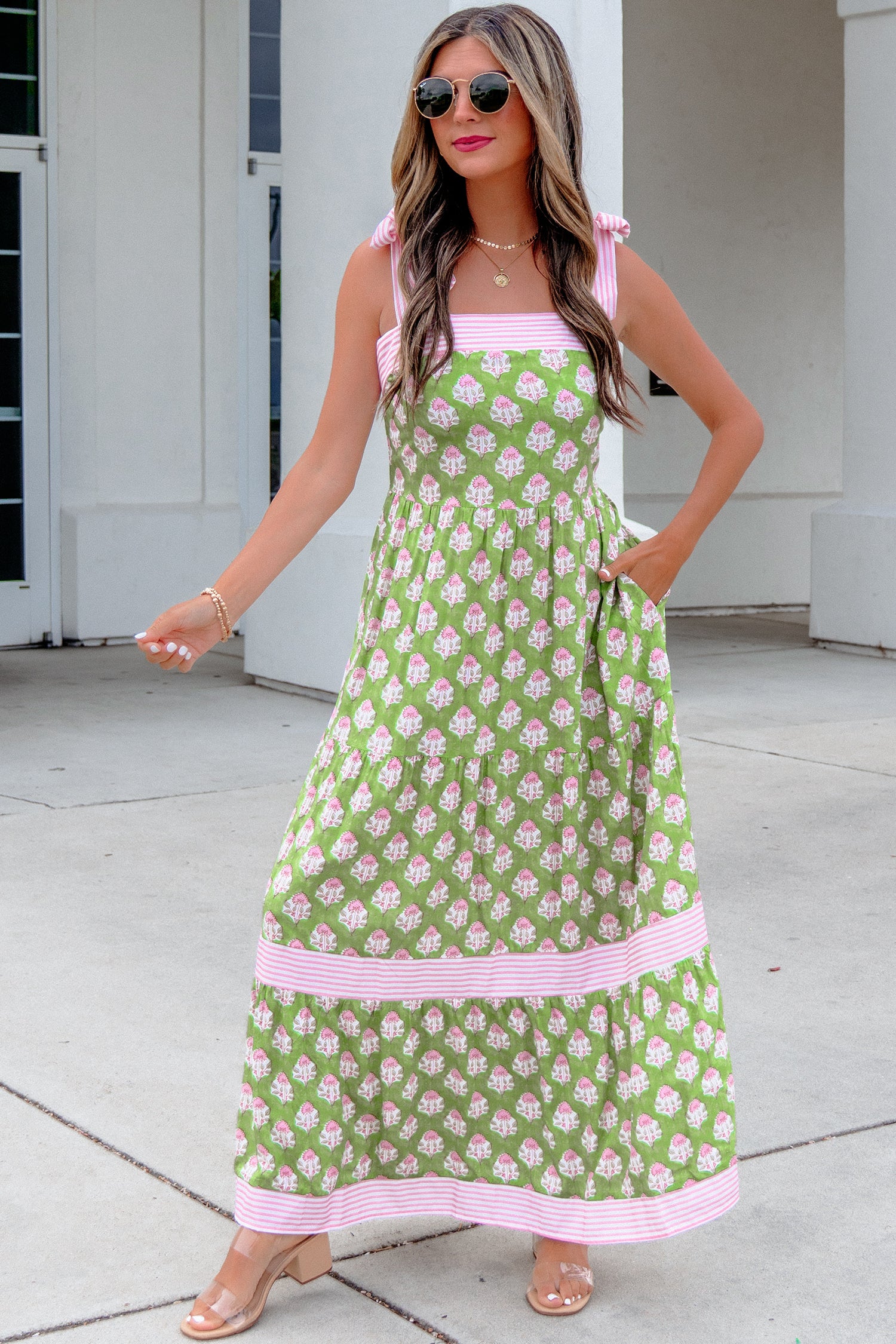 Green Floral Print Knot Straps Maxi Dress