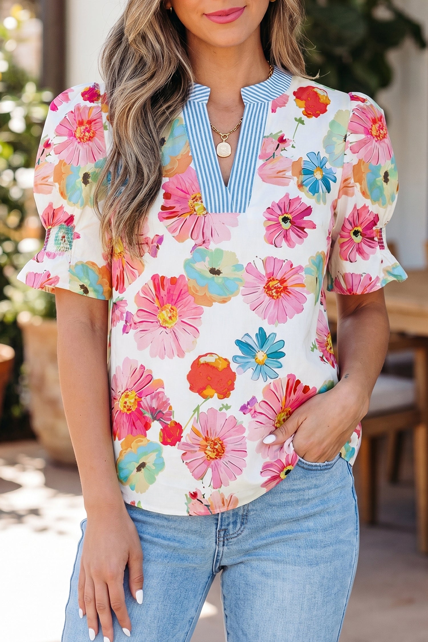 Beige Floral Puff Sleeve Blouse