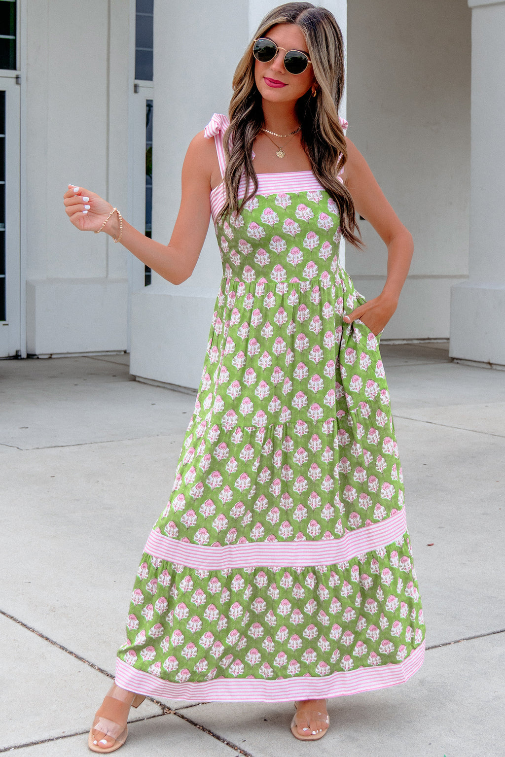 Green Floral Print Knot Straps Maxi Dress