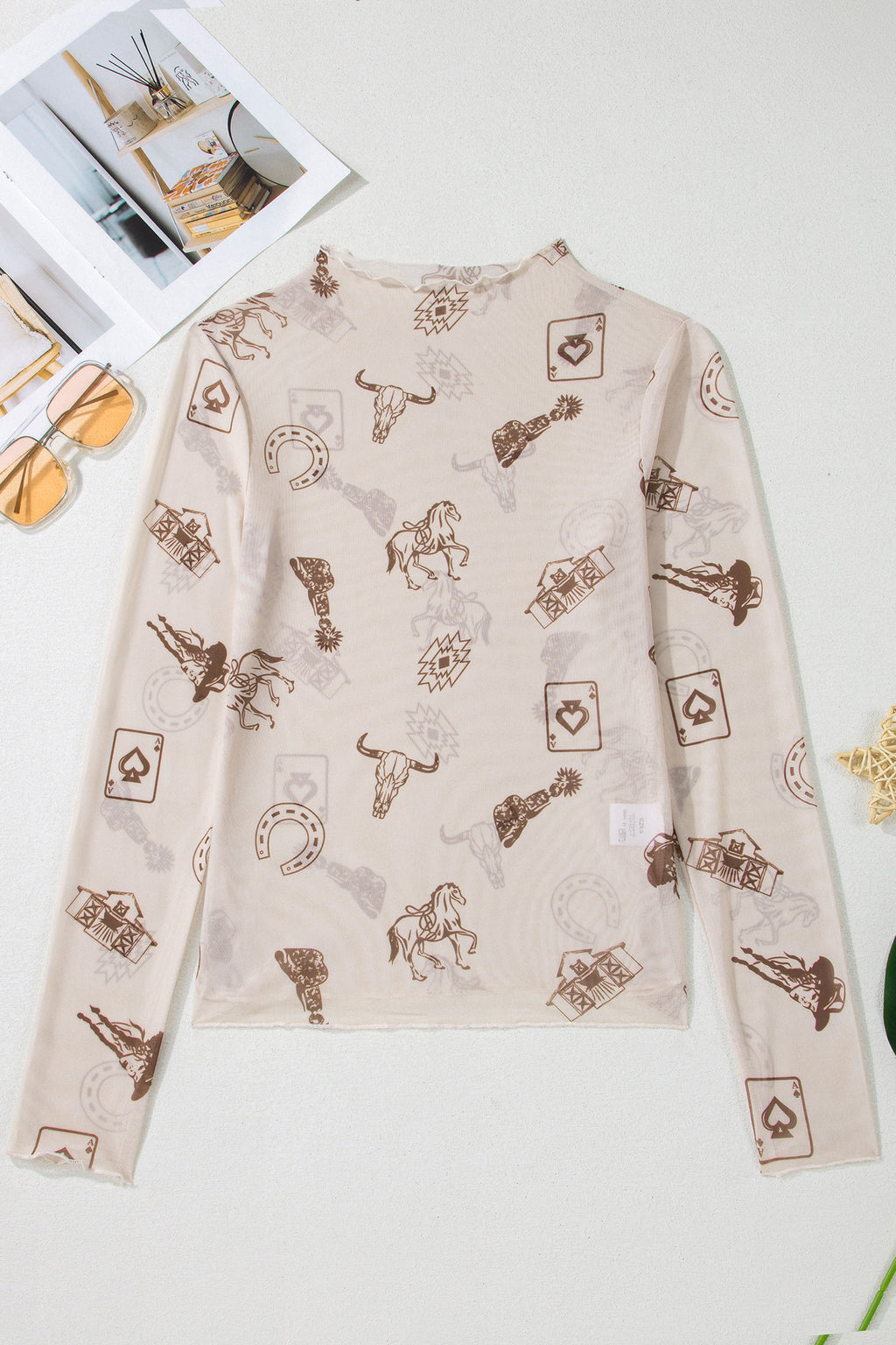 Oatmeal Western Mesh Mock Neck Top