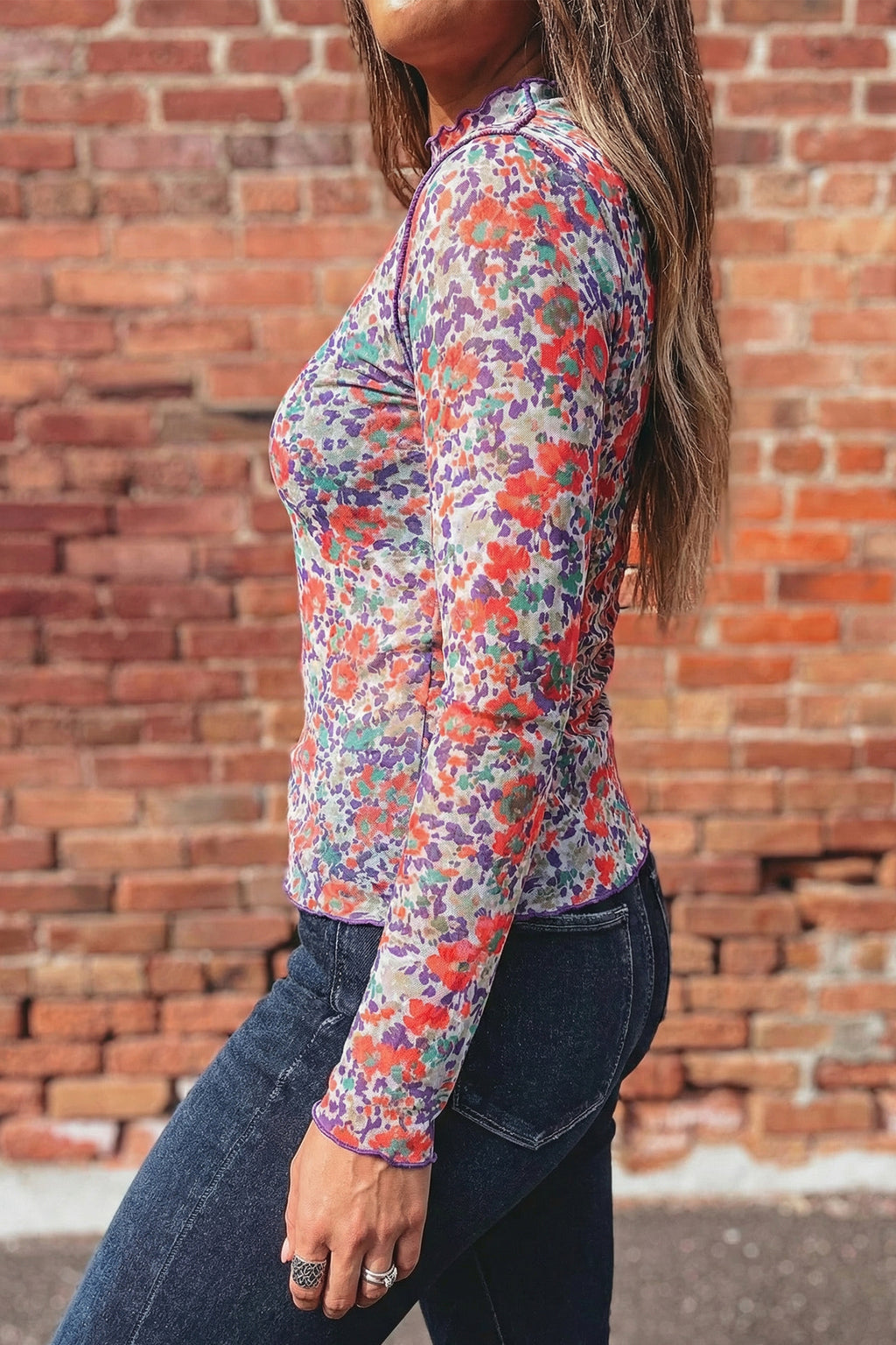 Oatmeal Western Mesh Mock Neck Top