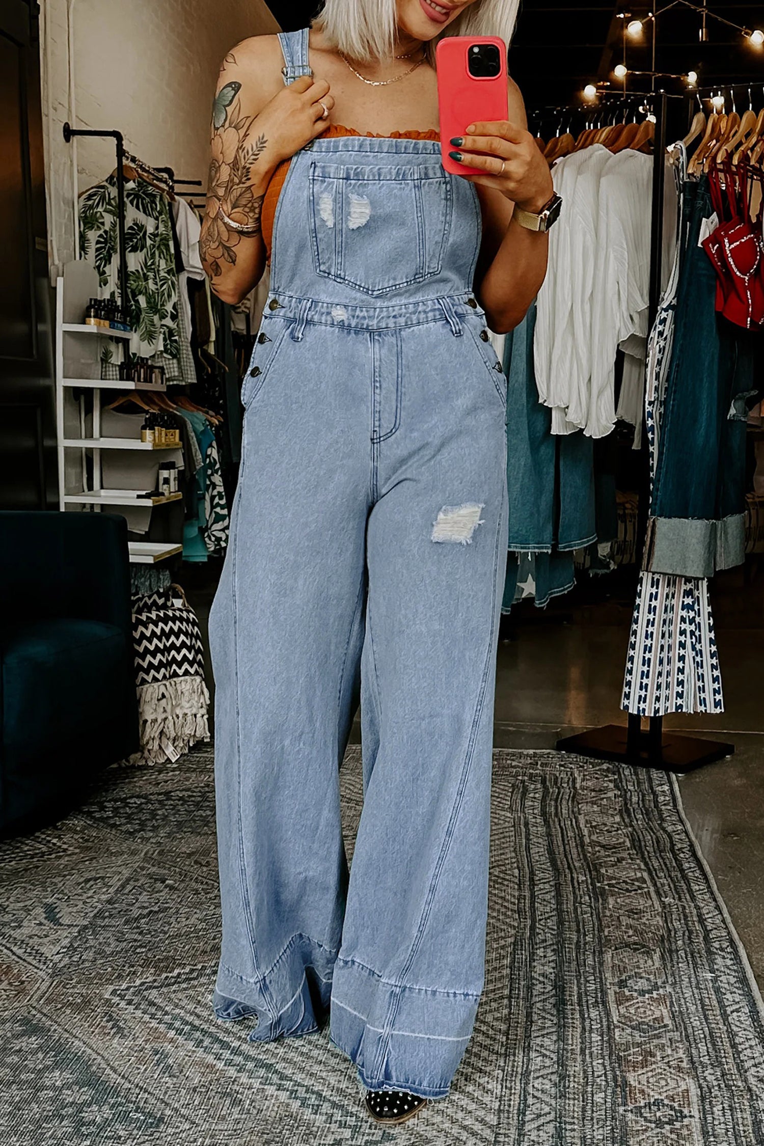 Retro Distressed Denim Overalls