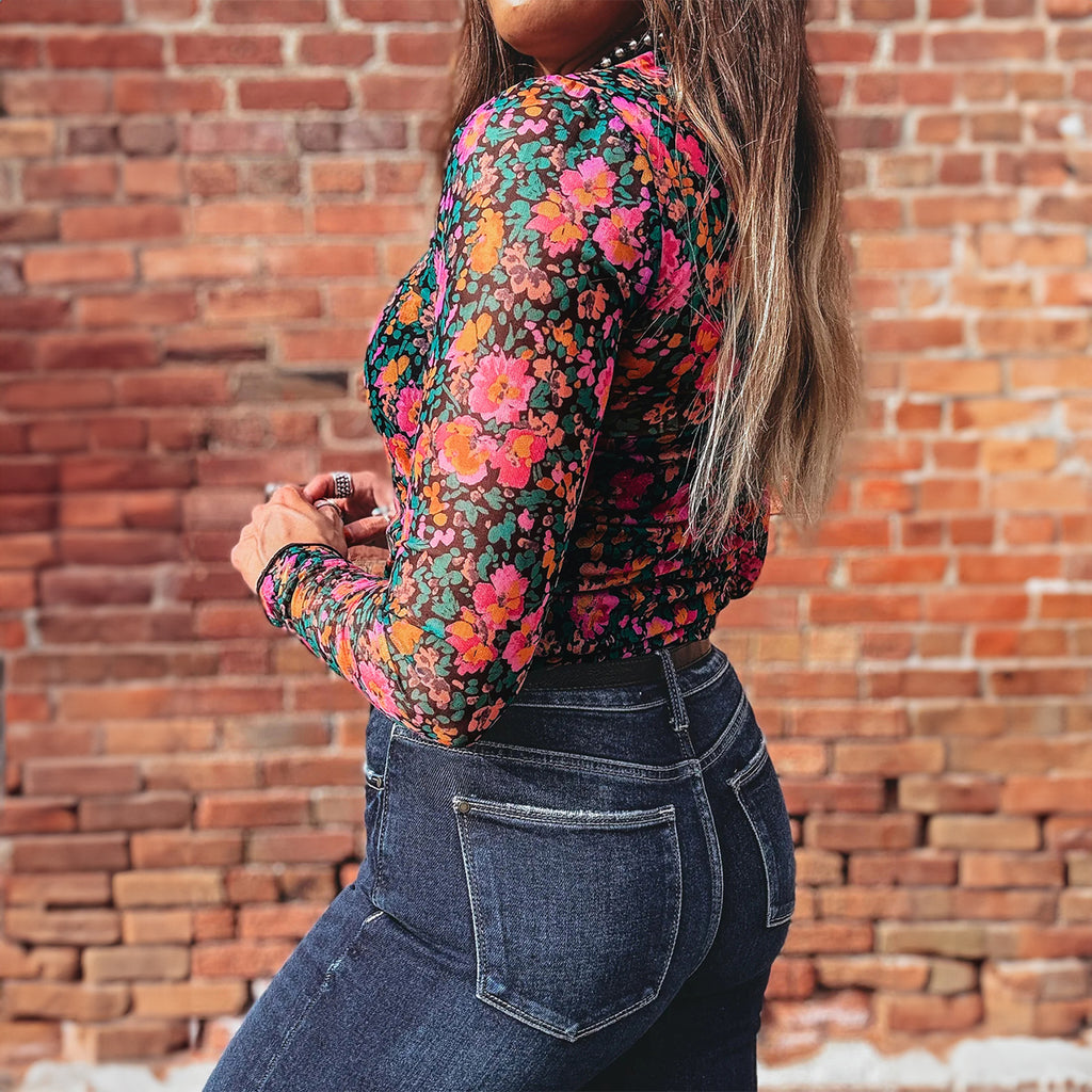 Oatmeal Western Mesh Mock Neck Top
