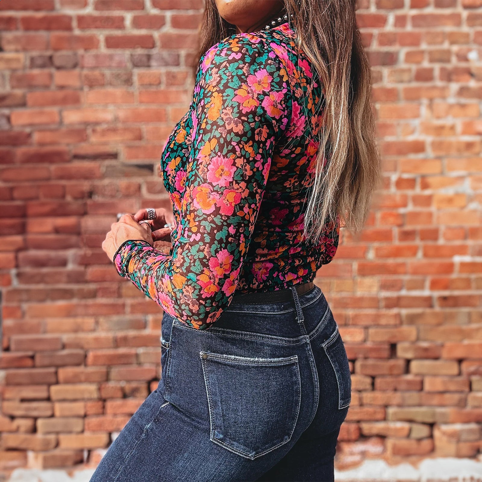 Oatmeal Western Mesh Mock Neck Top