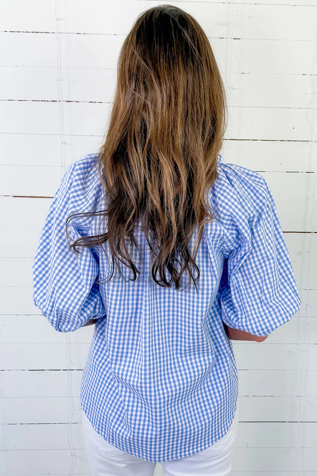 Sky Blue Summer Plaid Puff Sleeve Blouse
