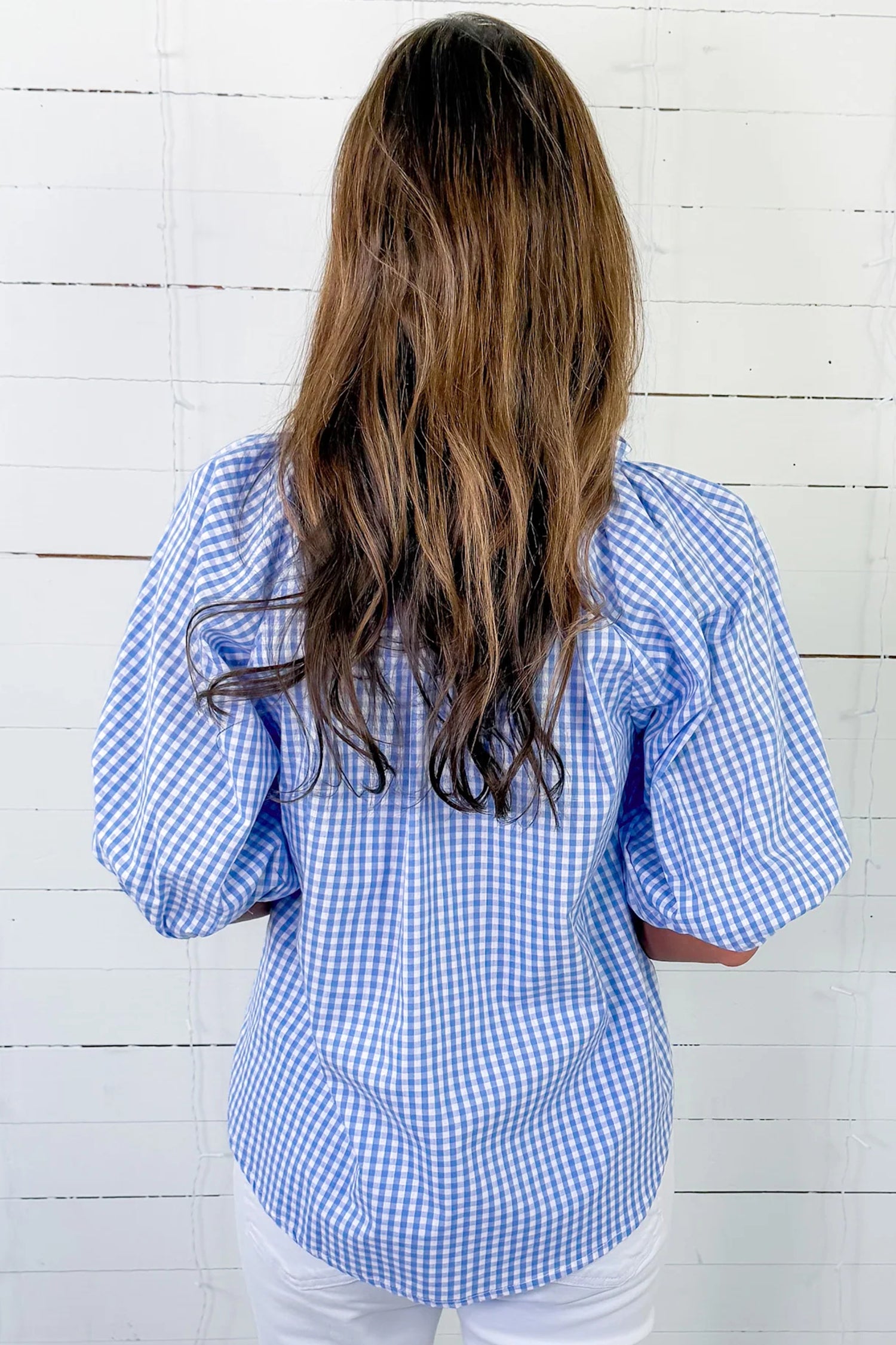 Sky Blue Summer Plaid Puff Sleeve Blouse