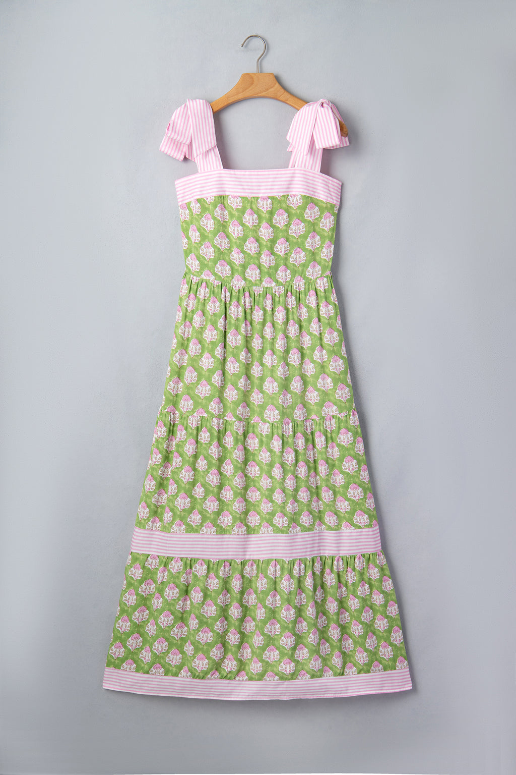 Green Floral Print Knot Straps Maxi Dress