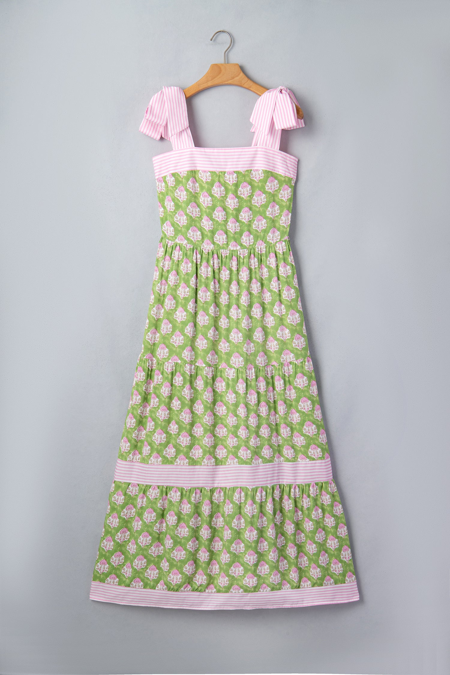 Green Floral Print Knot Straps Maxi Dress