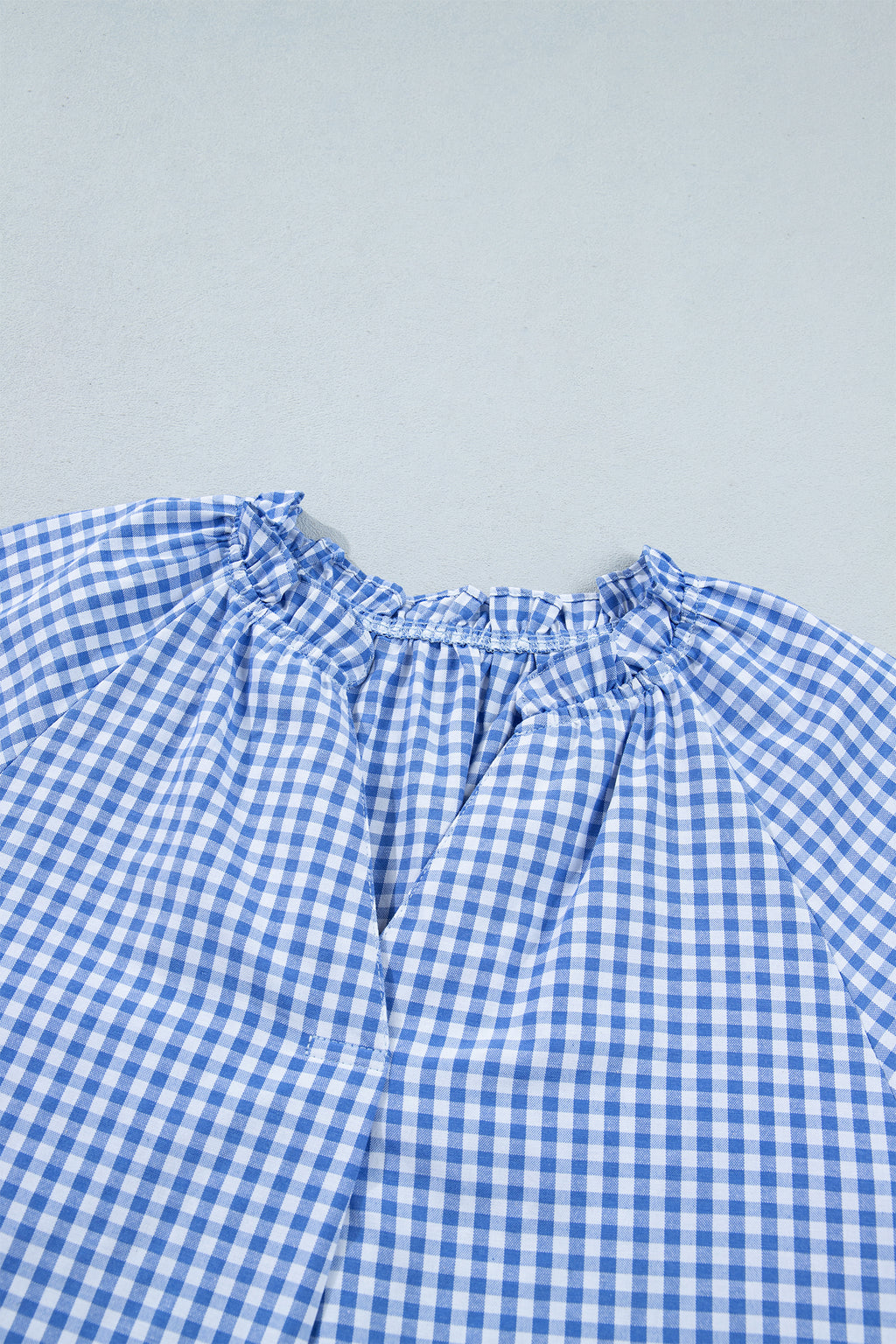 Sky Blue Summer Plaid Puff Sleeve Blouse