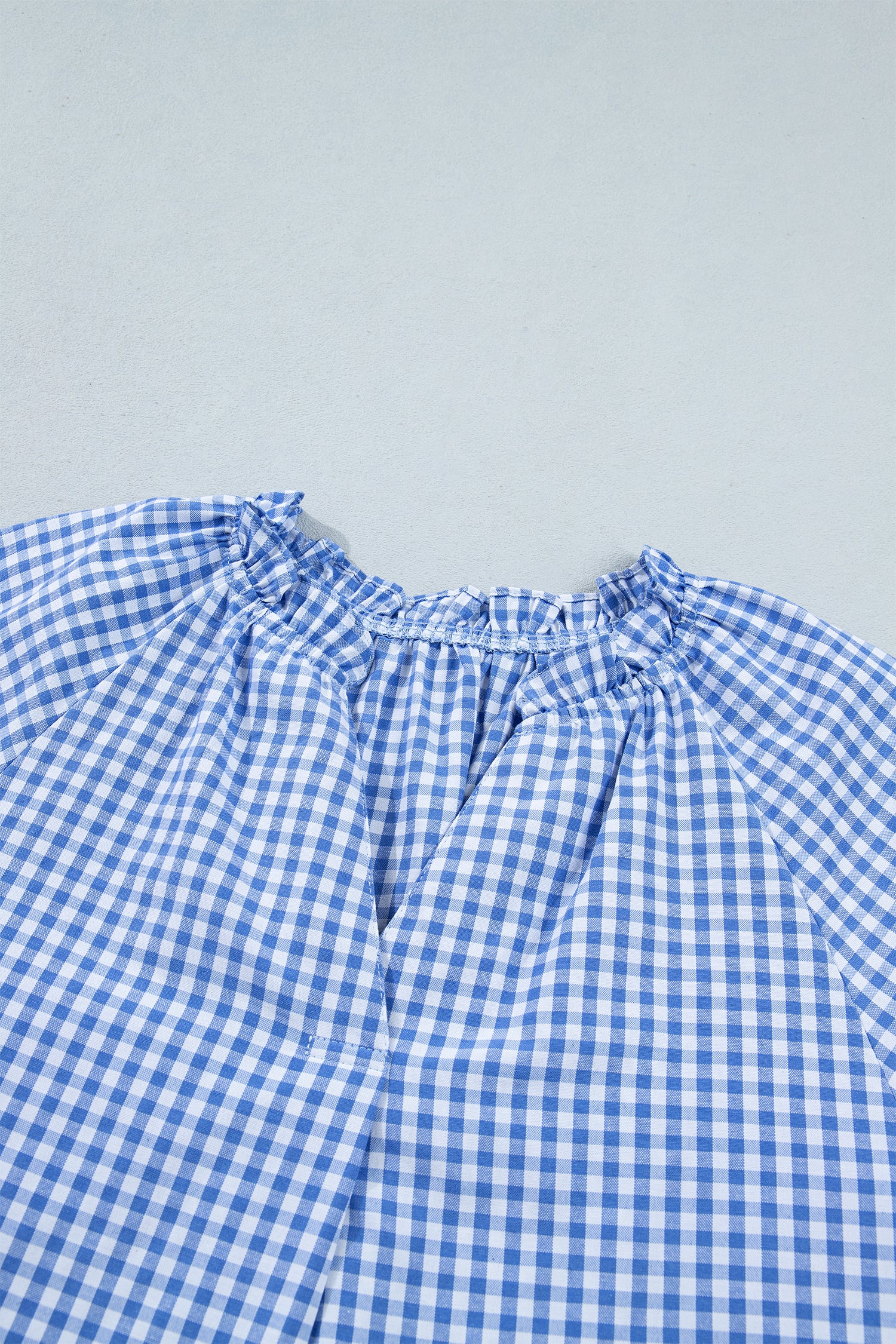 Sky Blue Summer Plaid Puff Sleeve Blouse