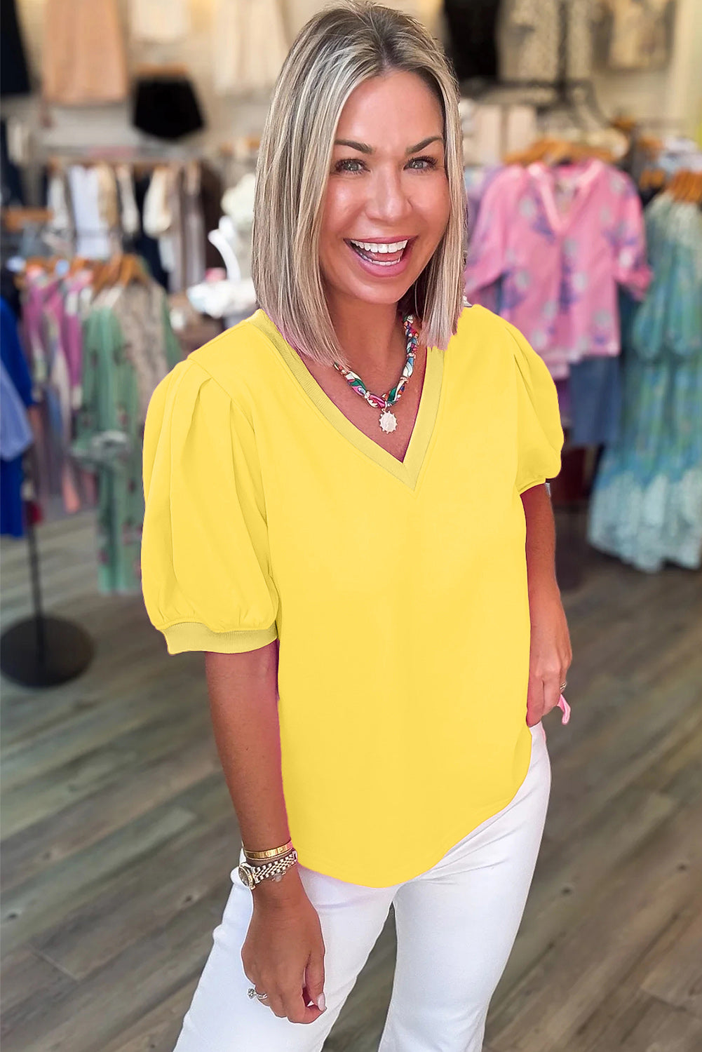 Solid Color Puff Sleeve Blouse