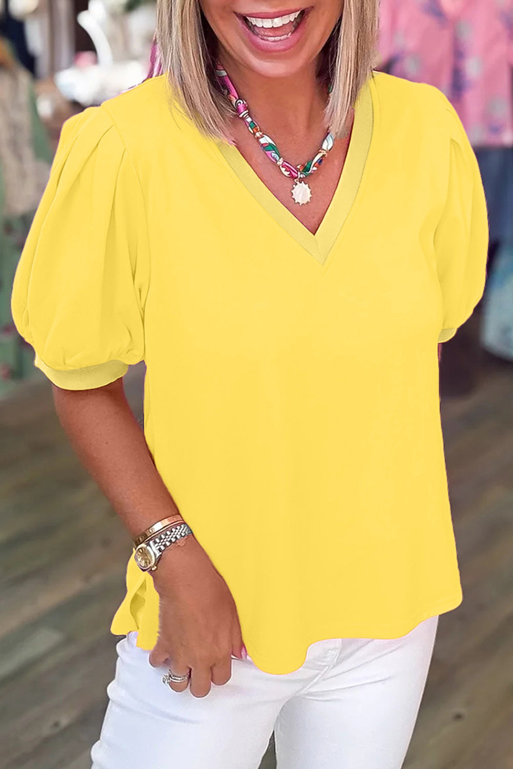 Solid Color Puff Sleeve Blouse
