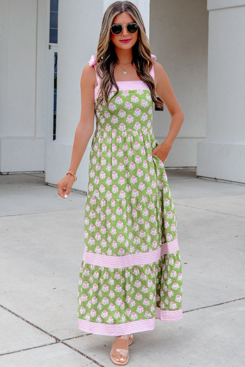 Green Floral Print Knot Straps Maxi Dress