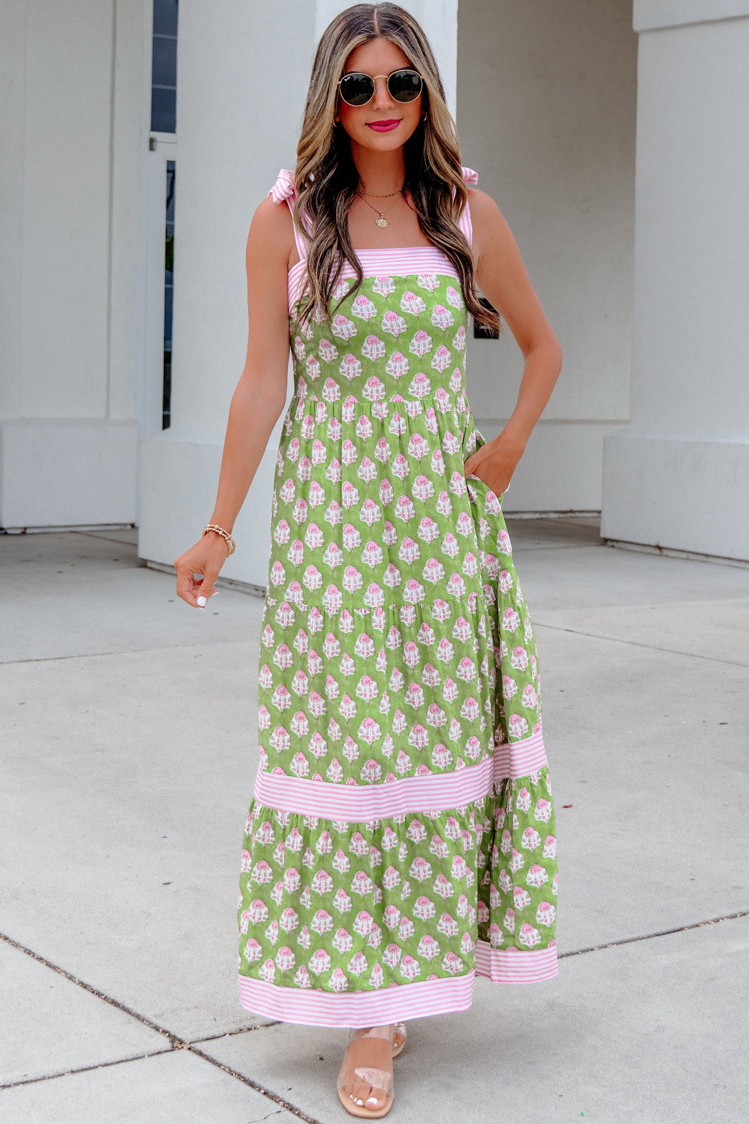 Green Floral Print Knot Straps Maxi Dress
