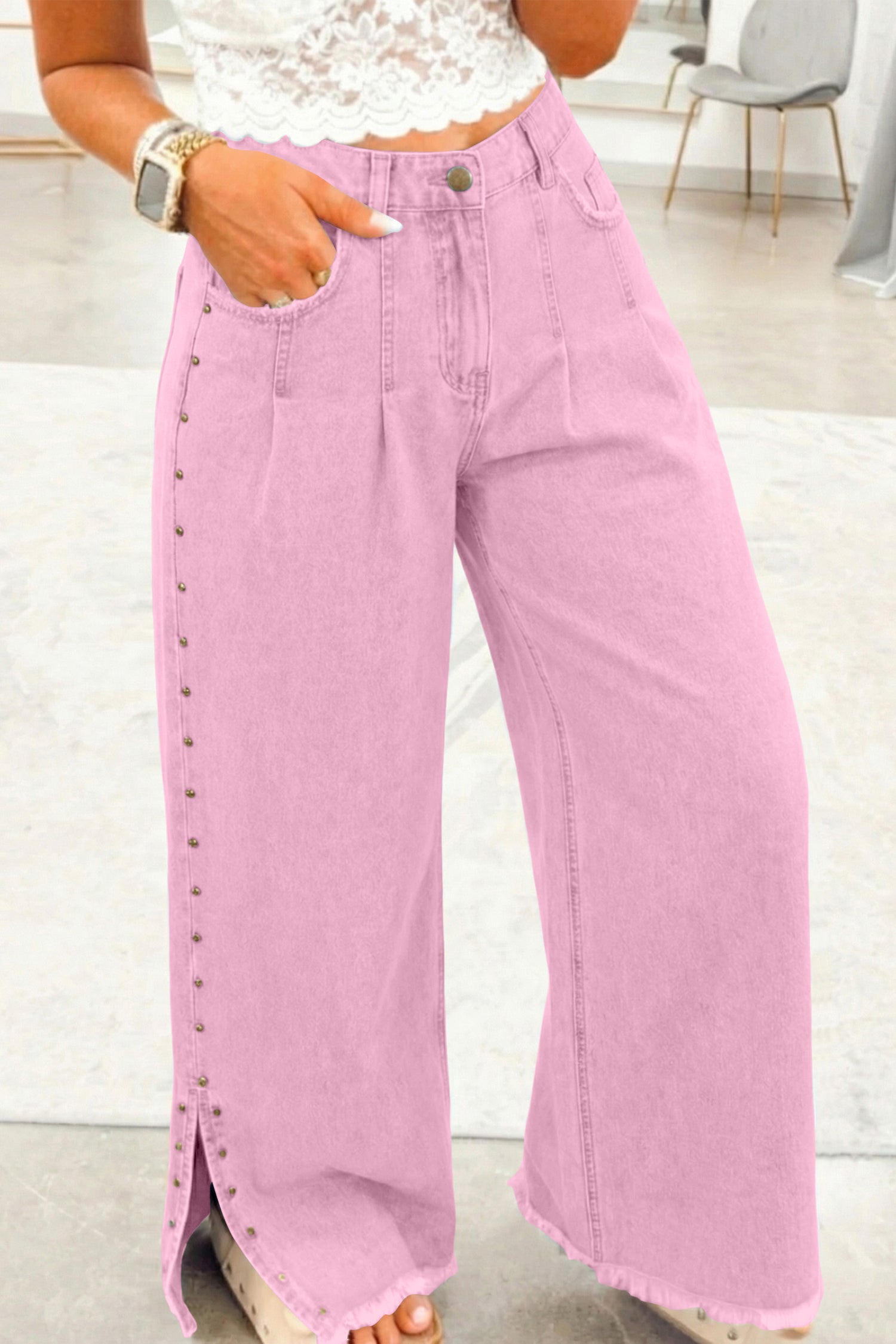 Rivet Detail Wide Leg Jeans
