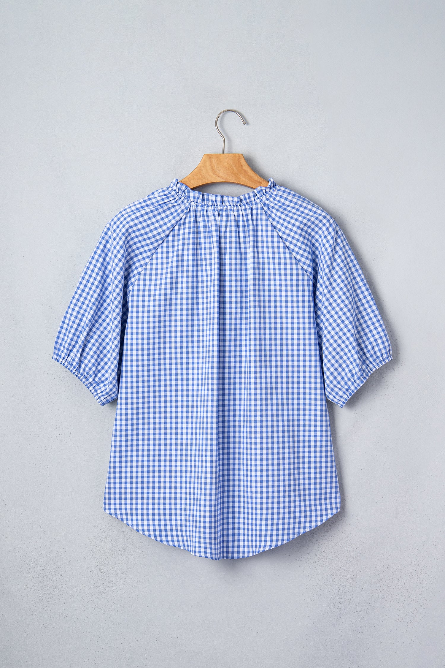 Sky Blue Summer Plaid Puff Sleeve Blouse