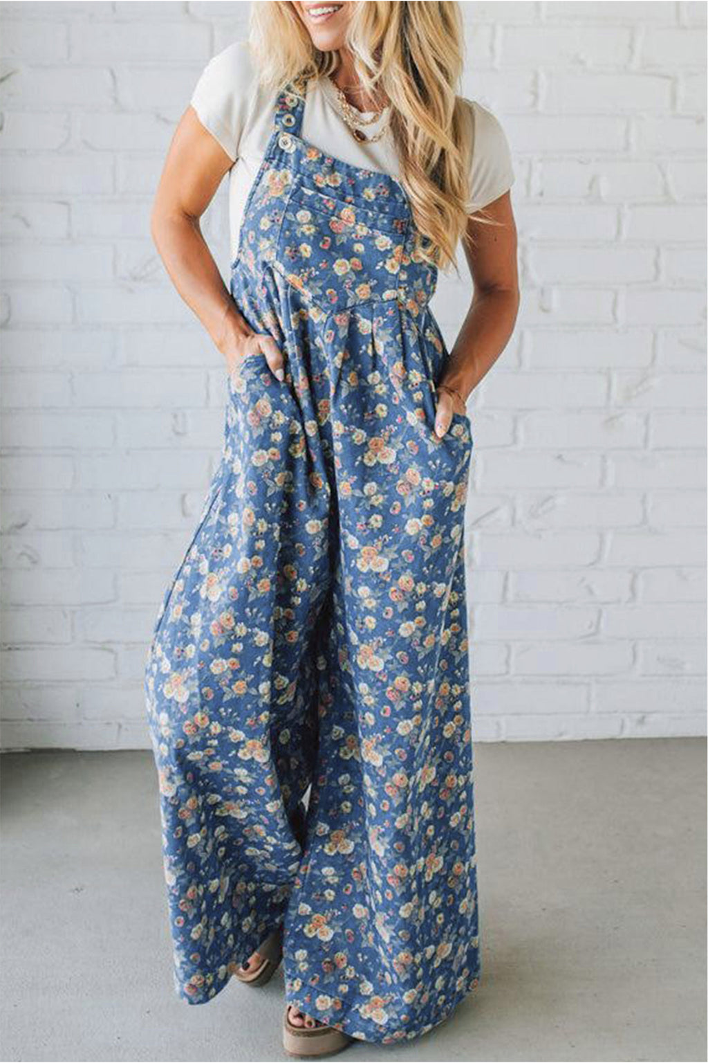 Blue Vintage Rose Pleated Denim Overalls